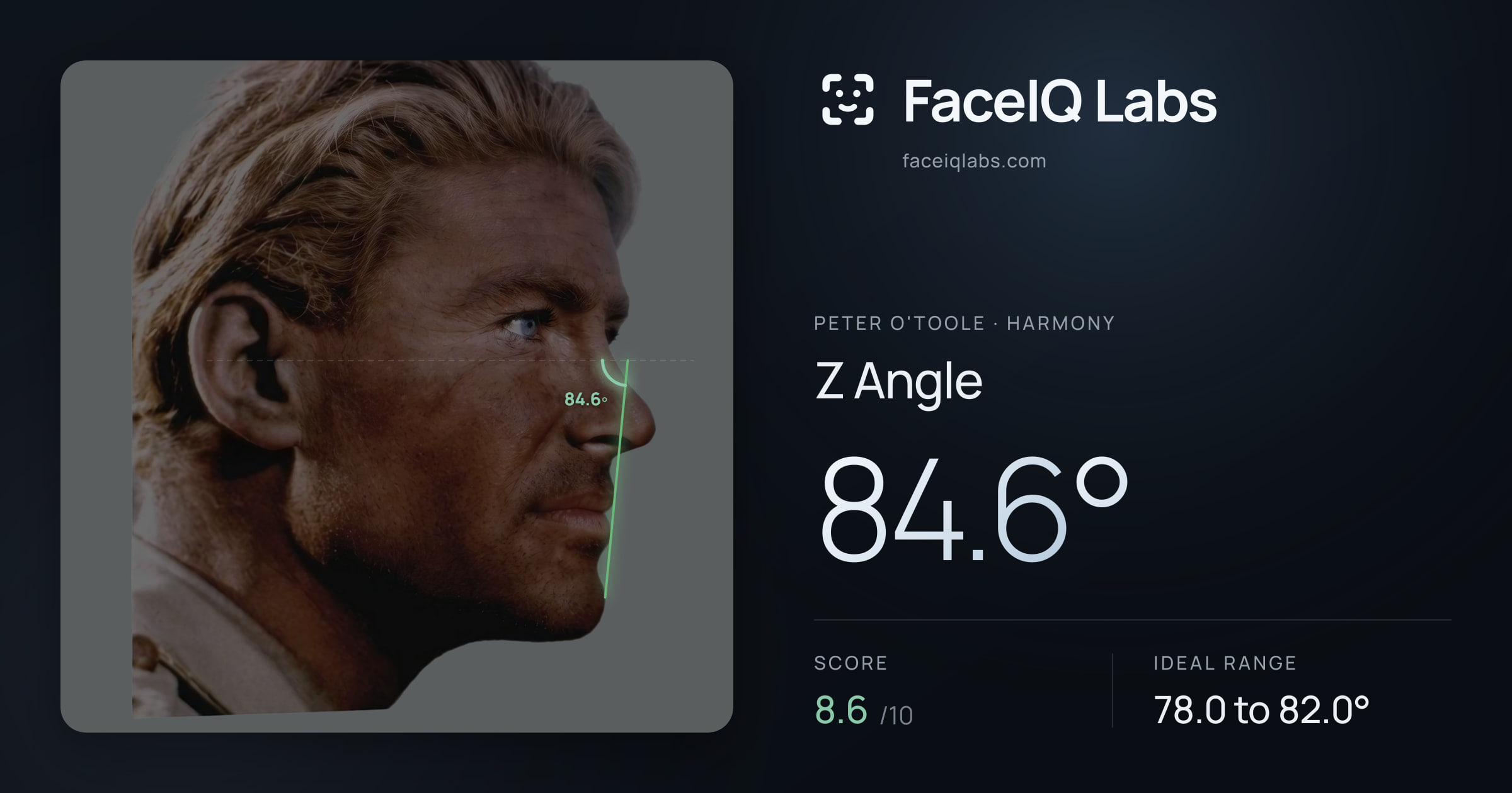 Peter O'Toole Z Angle: 84.6°, drawn on the photo