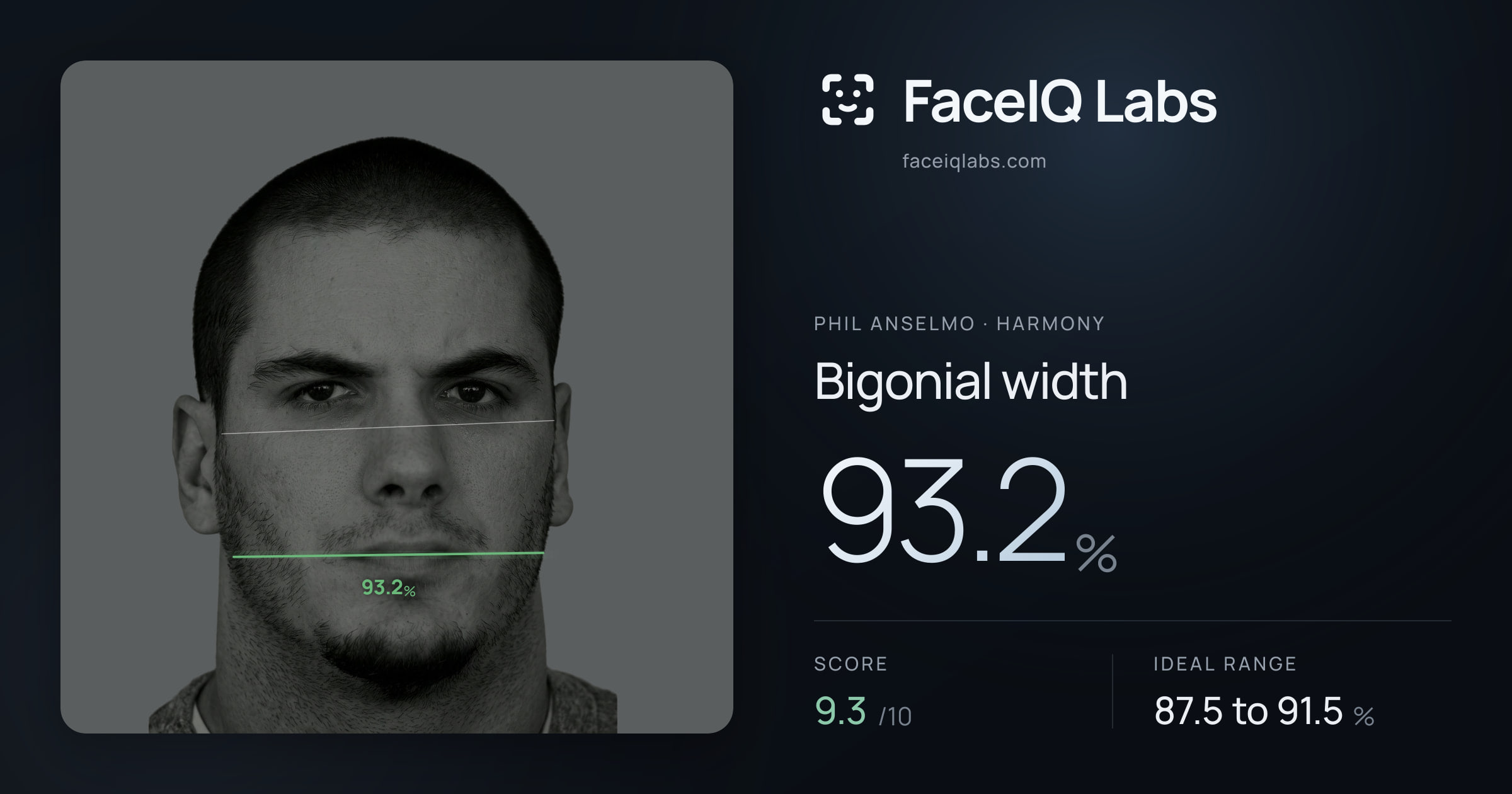 Phil Anselmo Bigonial width: 93.2%, drawn on the photo