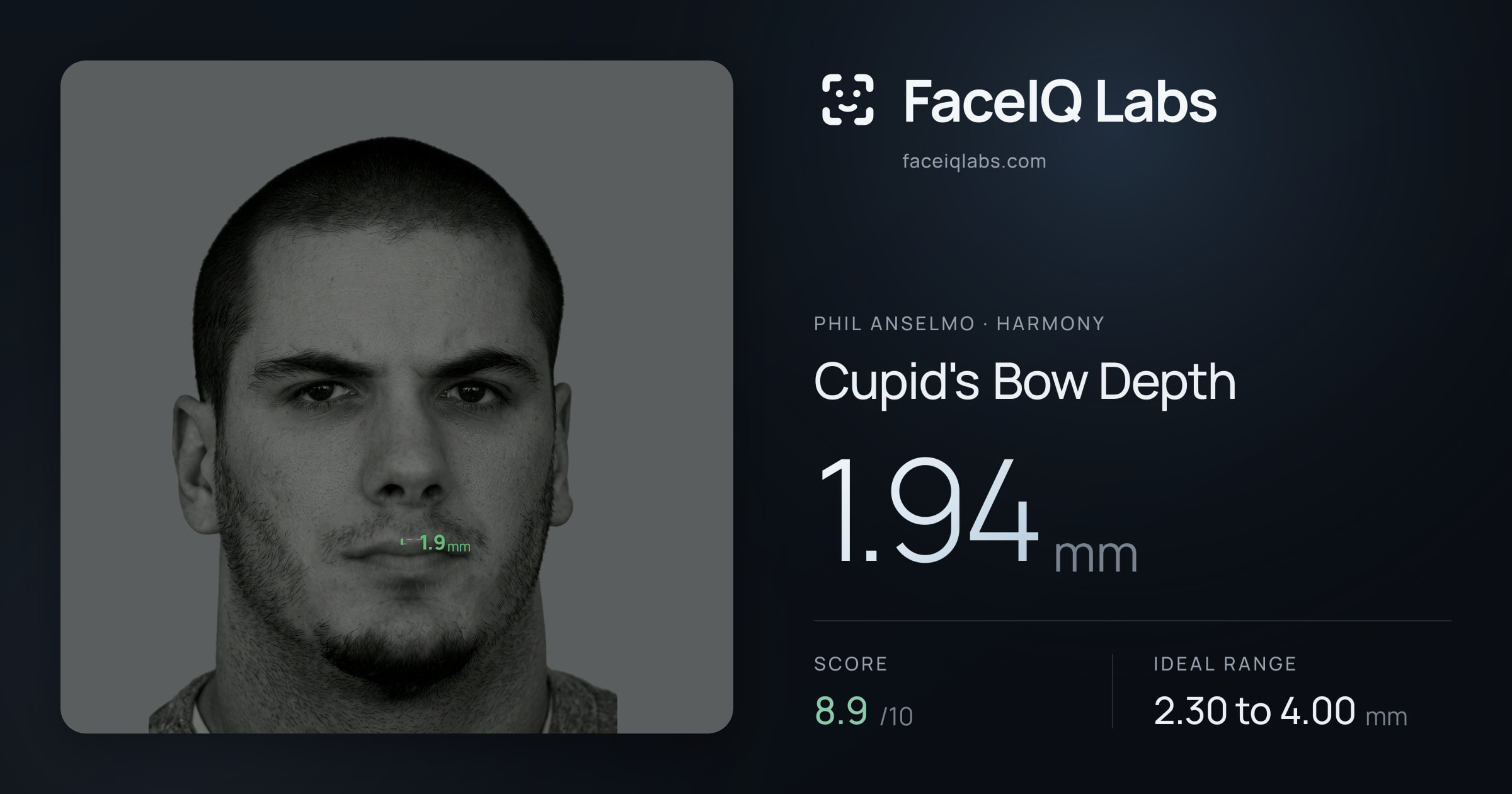 Phil Anselmo Cupid's Bow Depth: 1.94mm, drawn on the photo