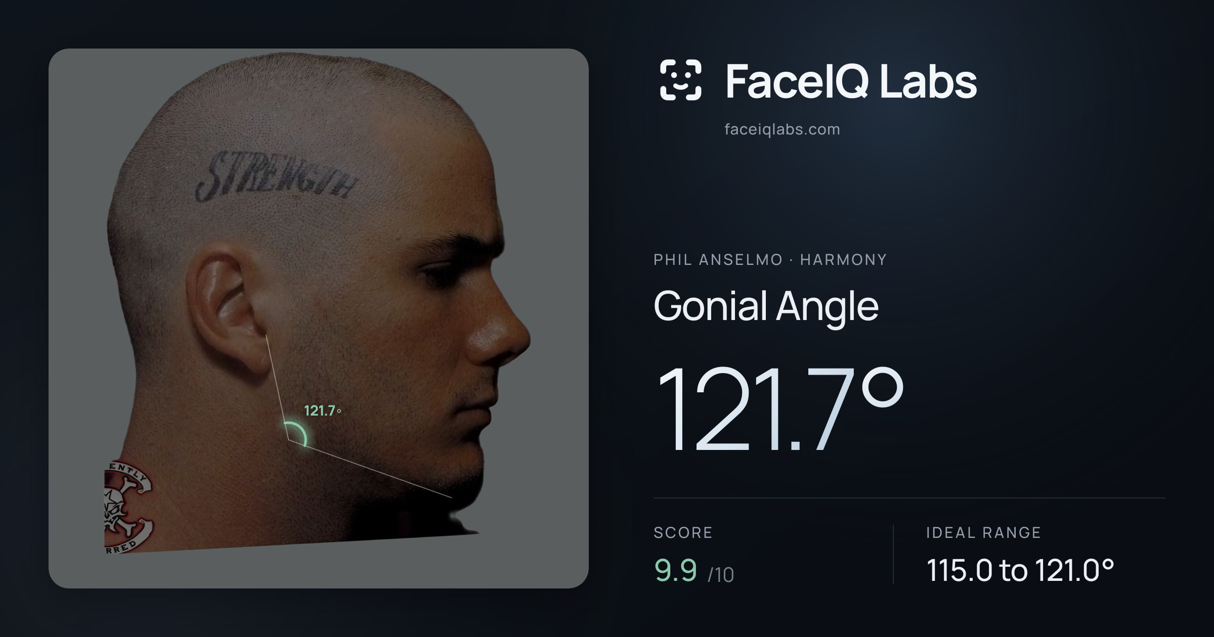 Phil Anselmo Gonial Angle: 121.7°, drawn on the photo