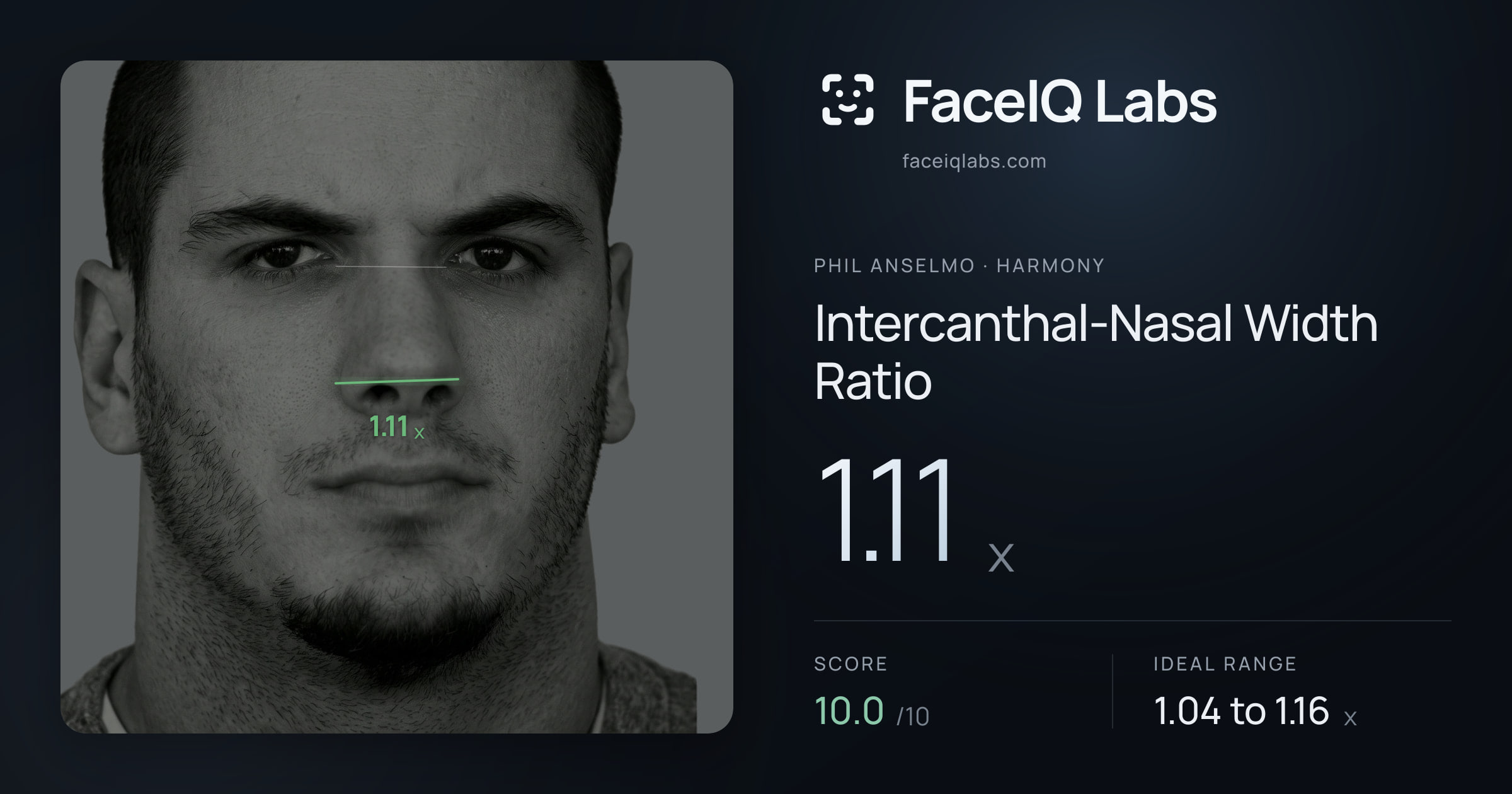 Phil Anselmo Intercanthal-Nasal Width Ratio: 1.11x, drawn on the photo