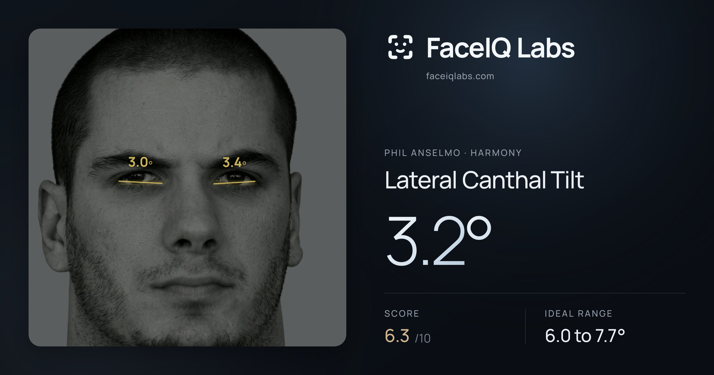 Phil Anselmo Lateral Canthal Tilt: 3.2°, drawn on the photo