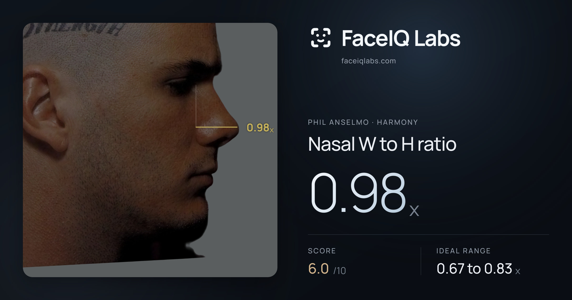 Phil Anselmo Nasal W to H ratio: 0.98x, drawn on the photo