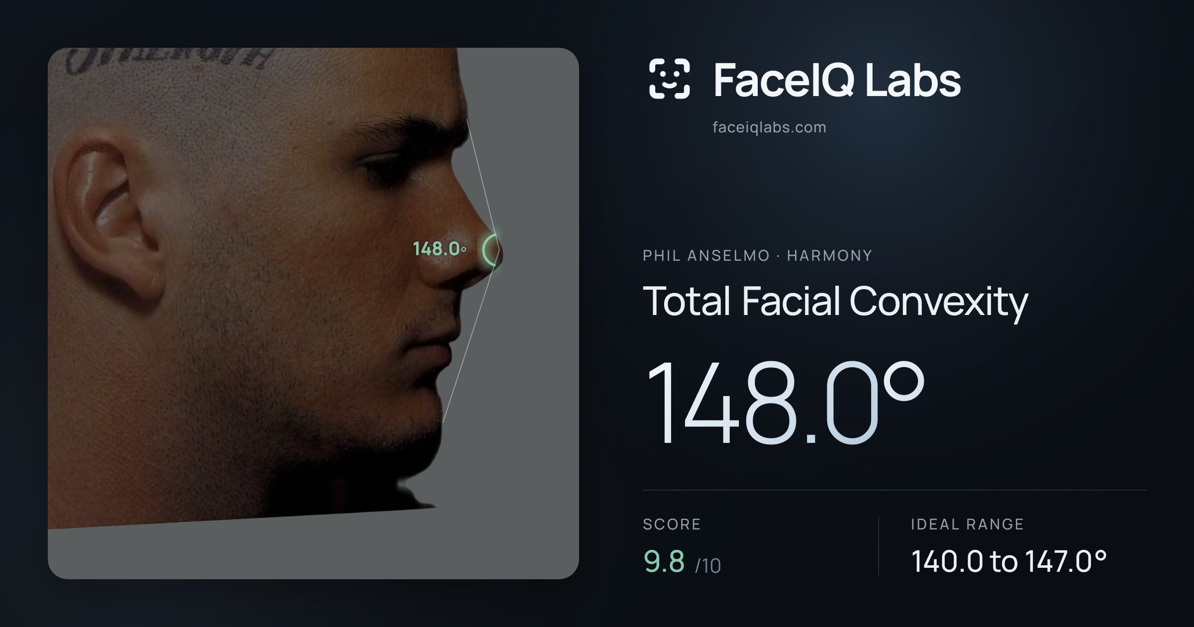 Phil Anselmo Total Facial Convexity: 148.0°, drawn on the photo