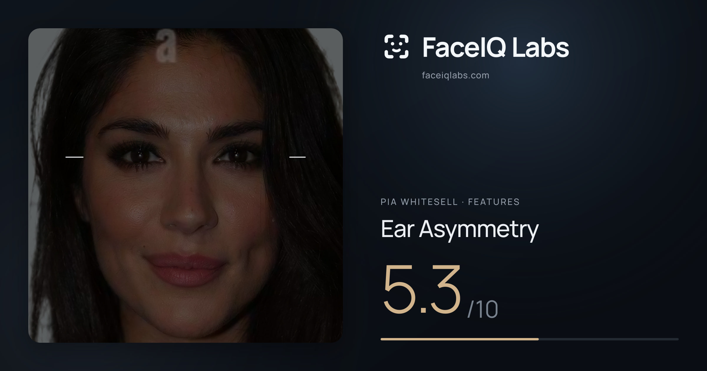 Pia Whitesell Ear Asymmetry: 5.3/10, drawn on the photo
