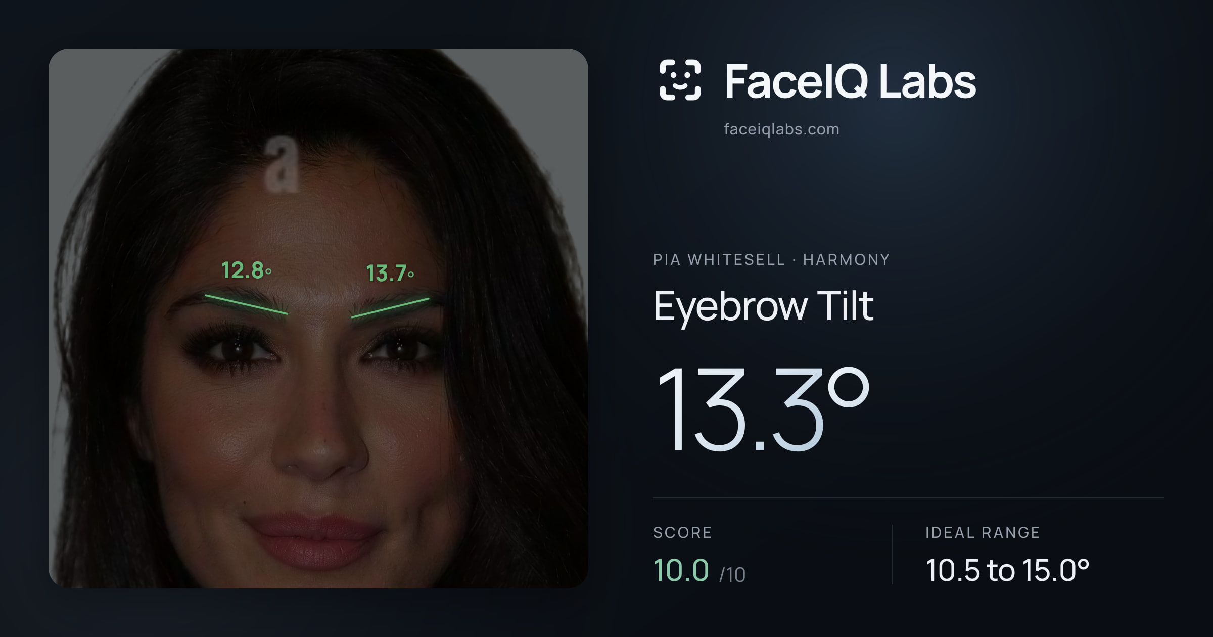 Pia Whitesell Eyebrow Tilt: 13.3°, drawn on the photo