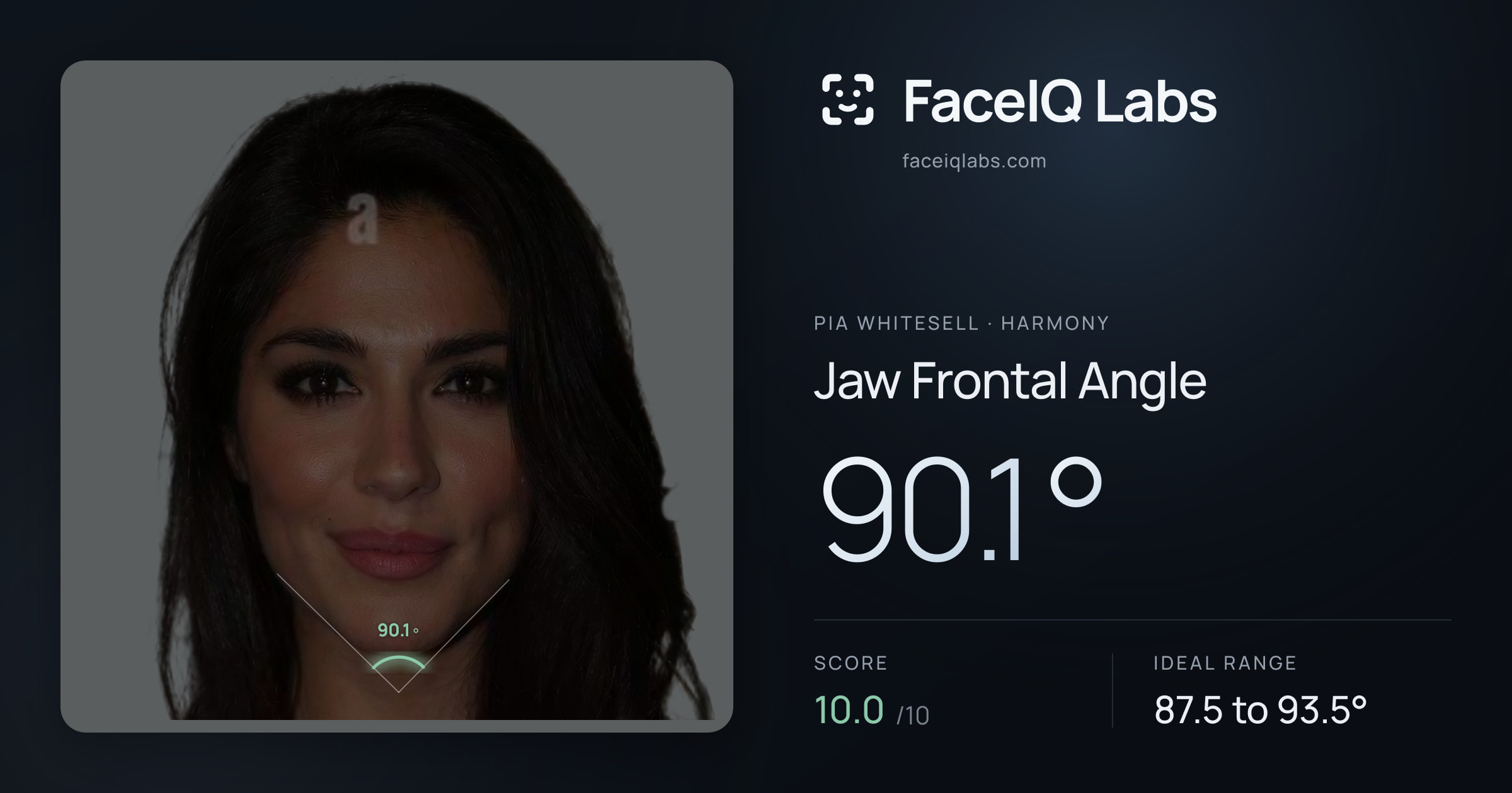 Pia Whitesell Jaw Frontal Angle: 90.1°, drawn on the photo