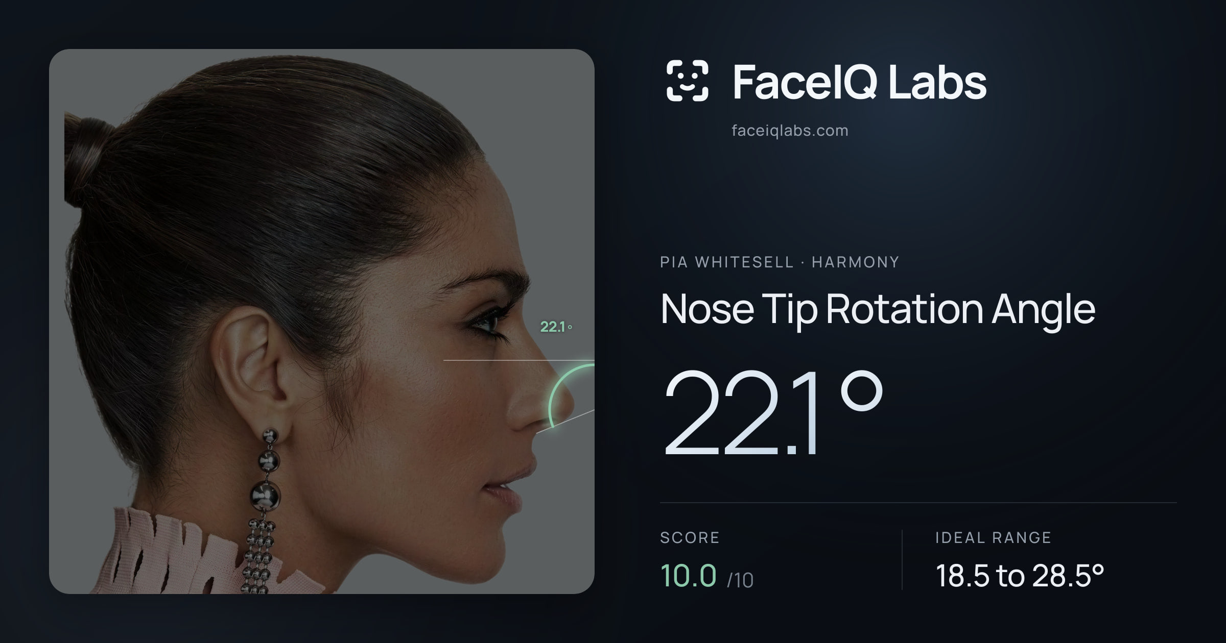 Pia Whitesell Nose Tip Rotation Angle: 22.1°, drawn on the photo