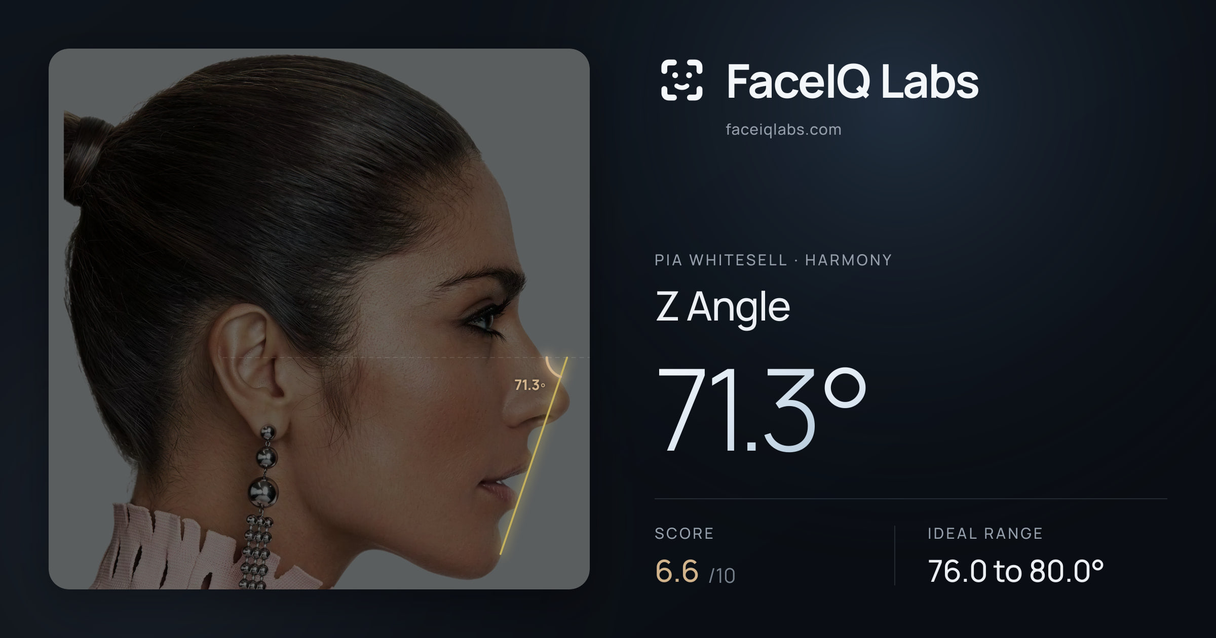 Pia Whitesell Z Angle: 71.3°, drawn on the photo