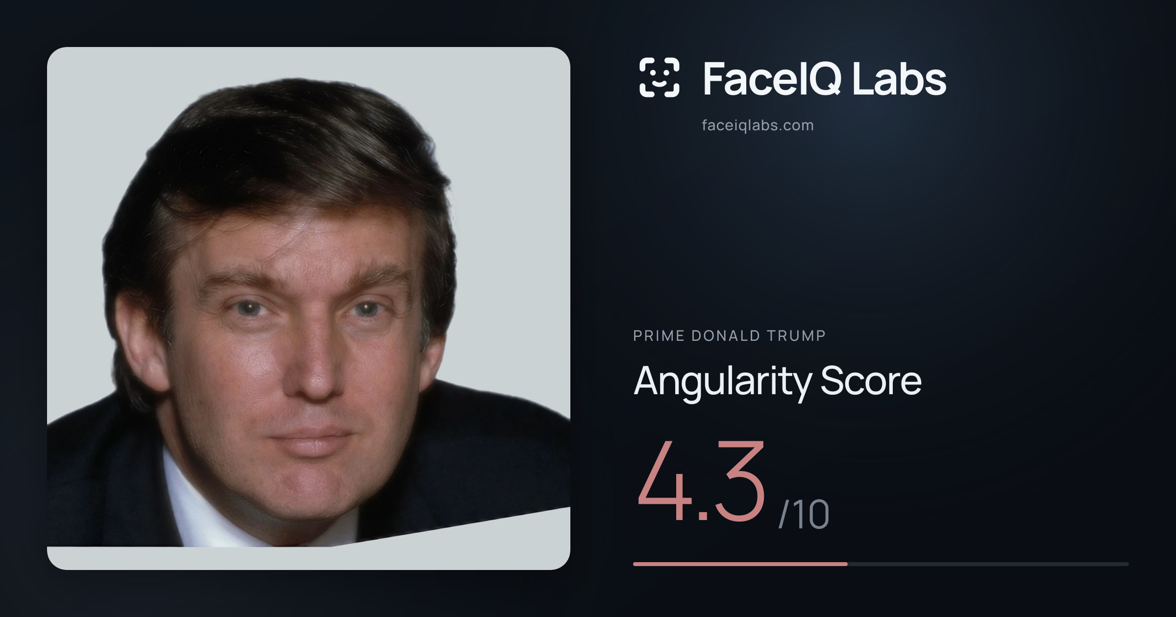 Prime Donald Trump Angularity: 4.3/10, with each assessment drawn on the photo
