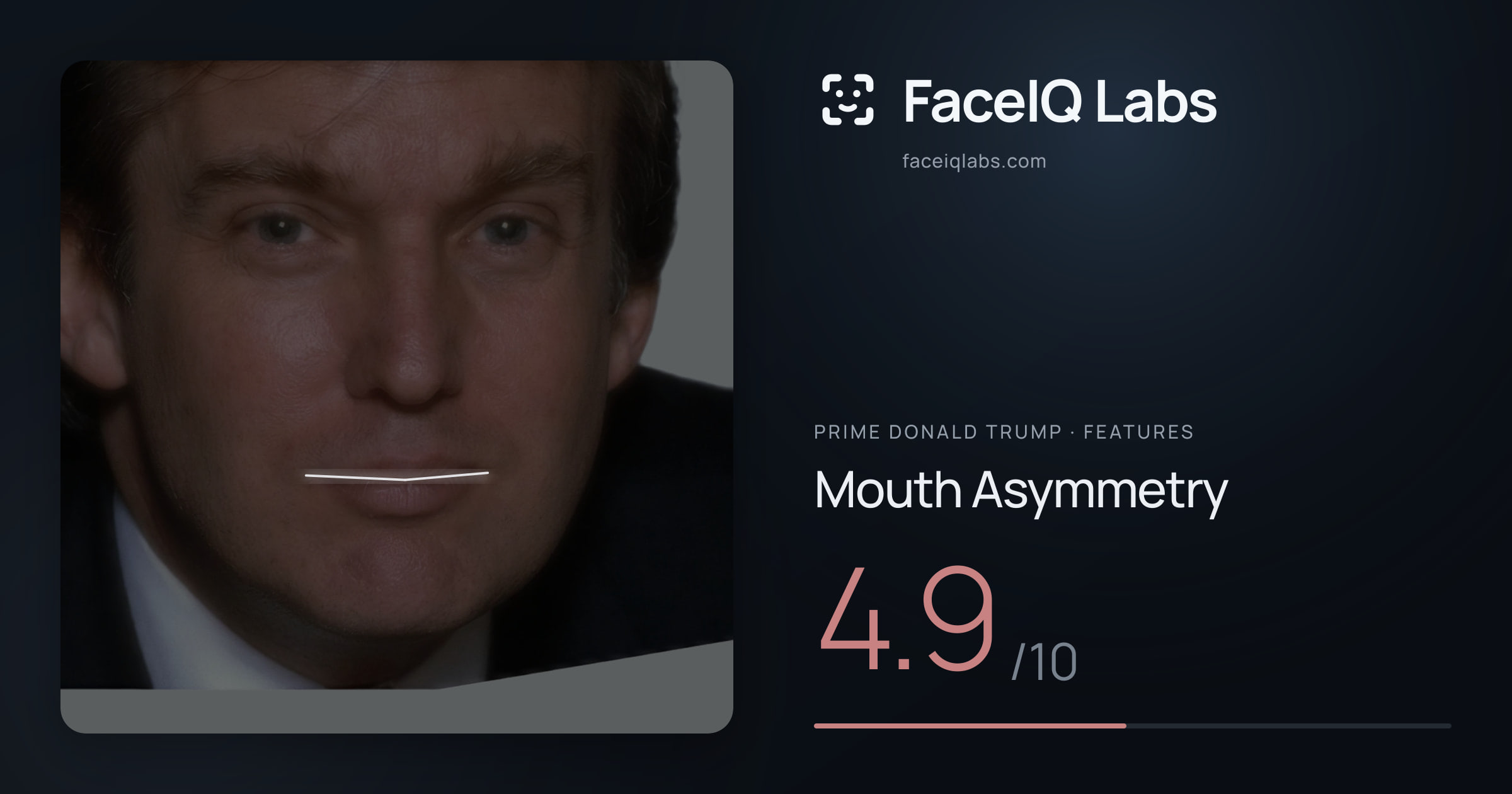 Prime Donald Trump Mouth Asymmetry: 4.9/10, drawn on the photo