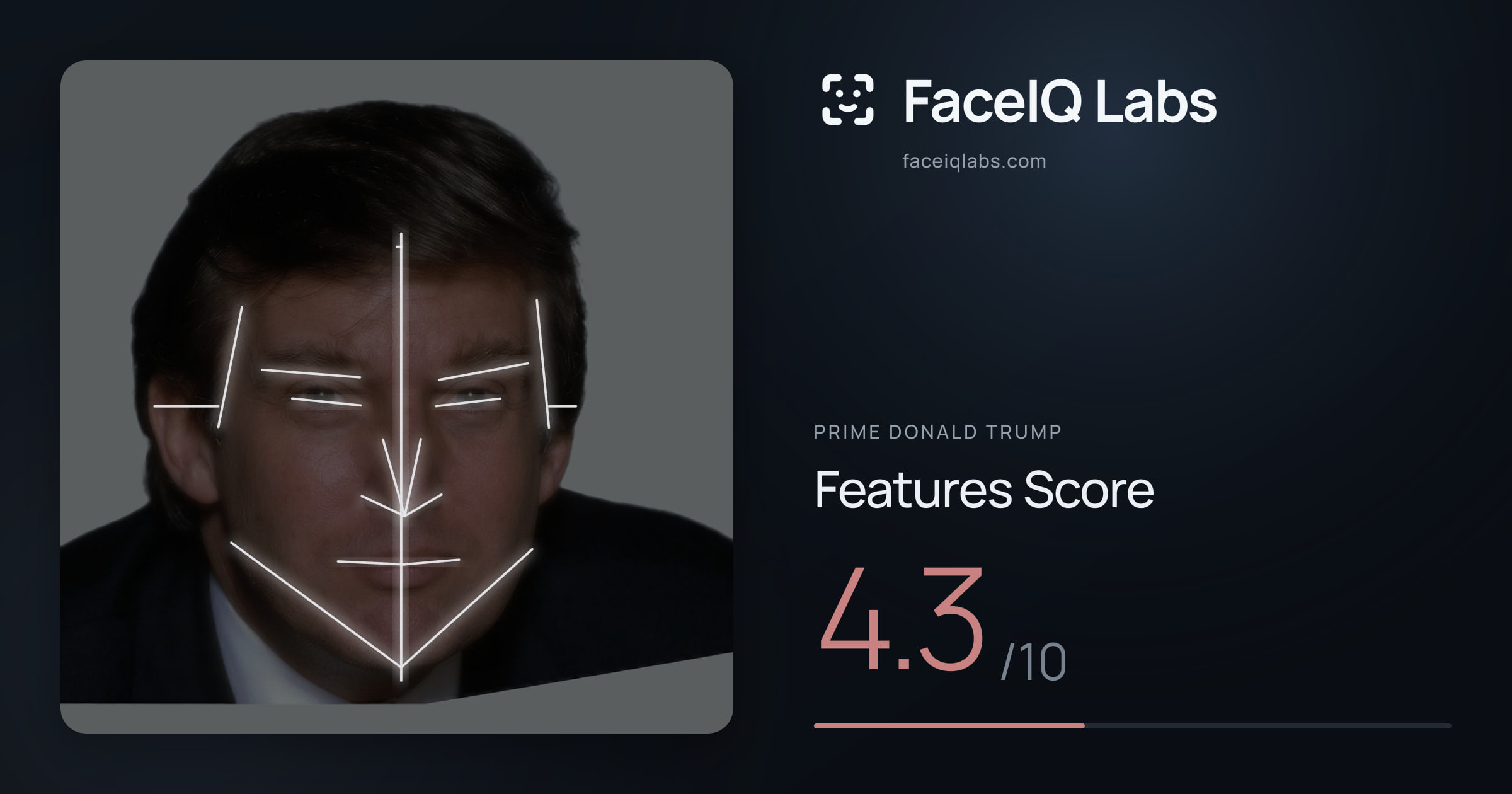 Prime Donald Trump Features: 4.3/10, with each assessment drawn on the photo