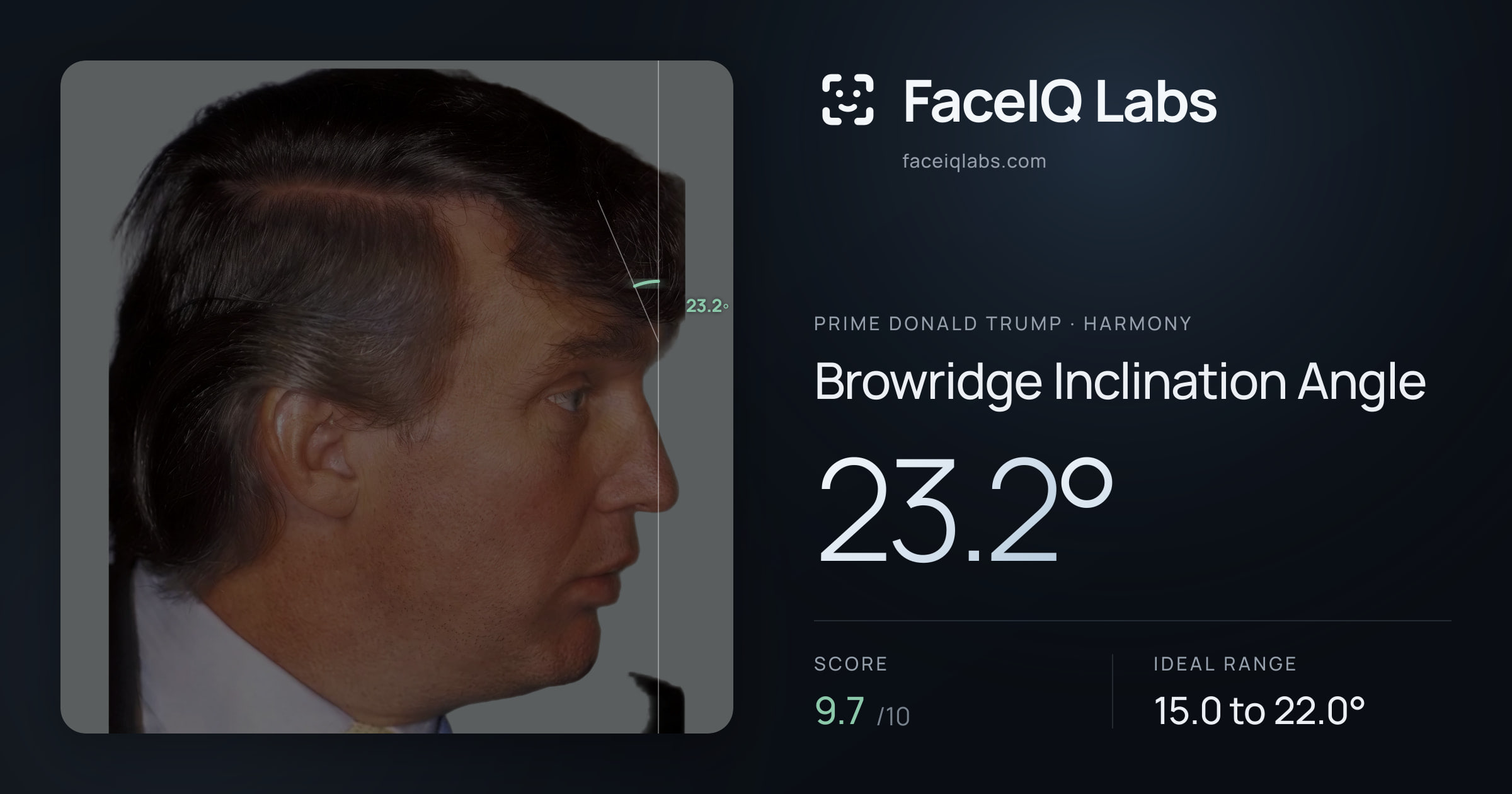 Prime Donald Trump Browridge Inclination Angle: 23.2°, drawn on the photo