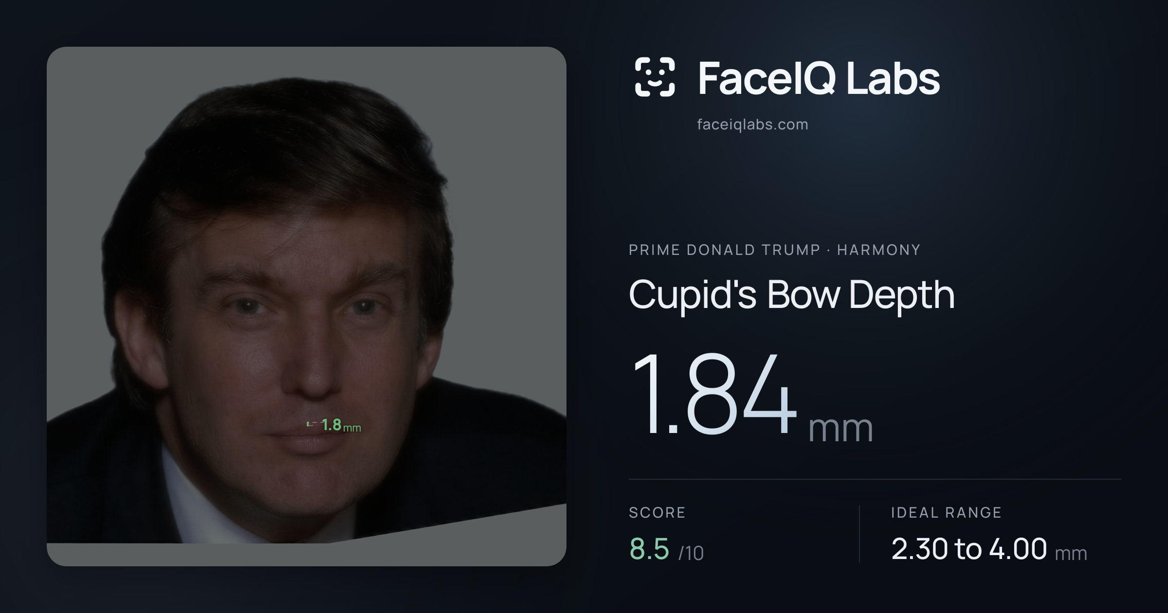 Prime Donald Trump Cupid's Bow Depth: 1.84mm, drawn on the photo