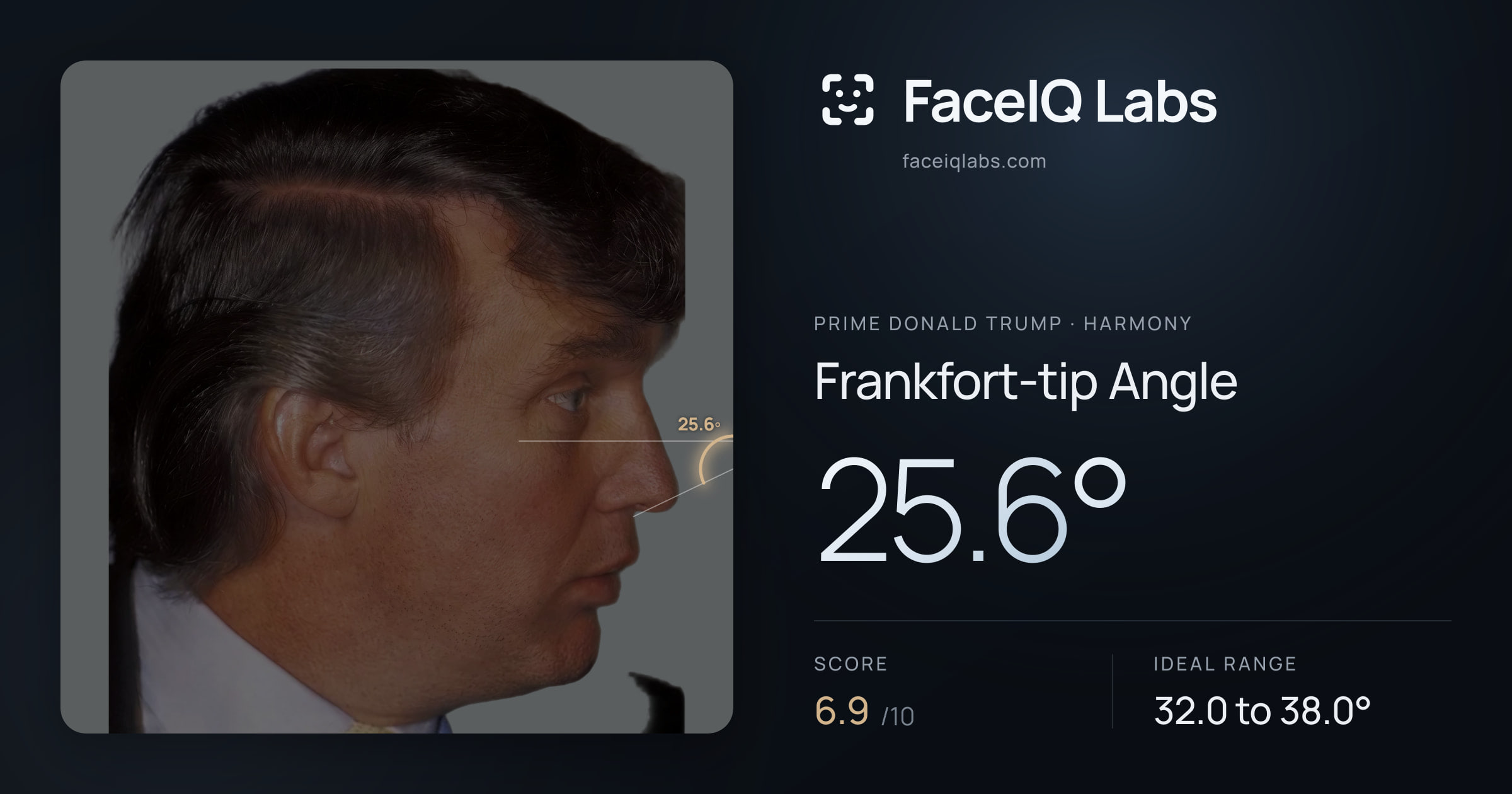 Prime Donald Trump Frankfort-tip Angle: 25.6°, drawn on the photo