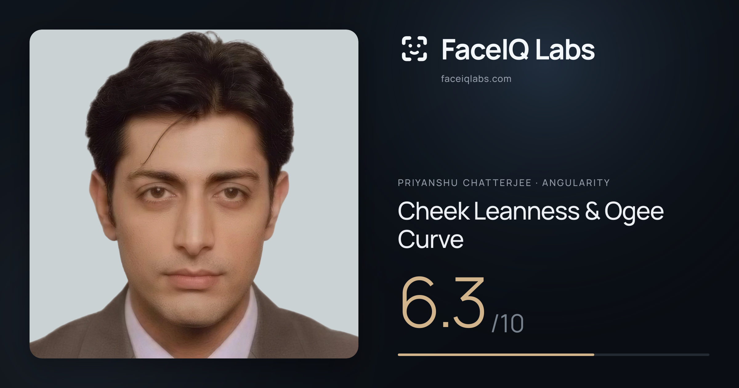 Priyanshu Chatterjee Cheek Leanness & Ogee Curve: 6.3/10, drawn on the photo