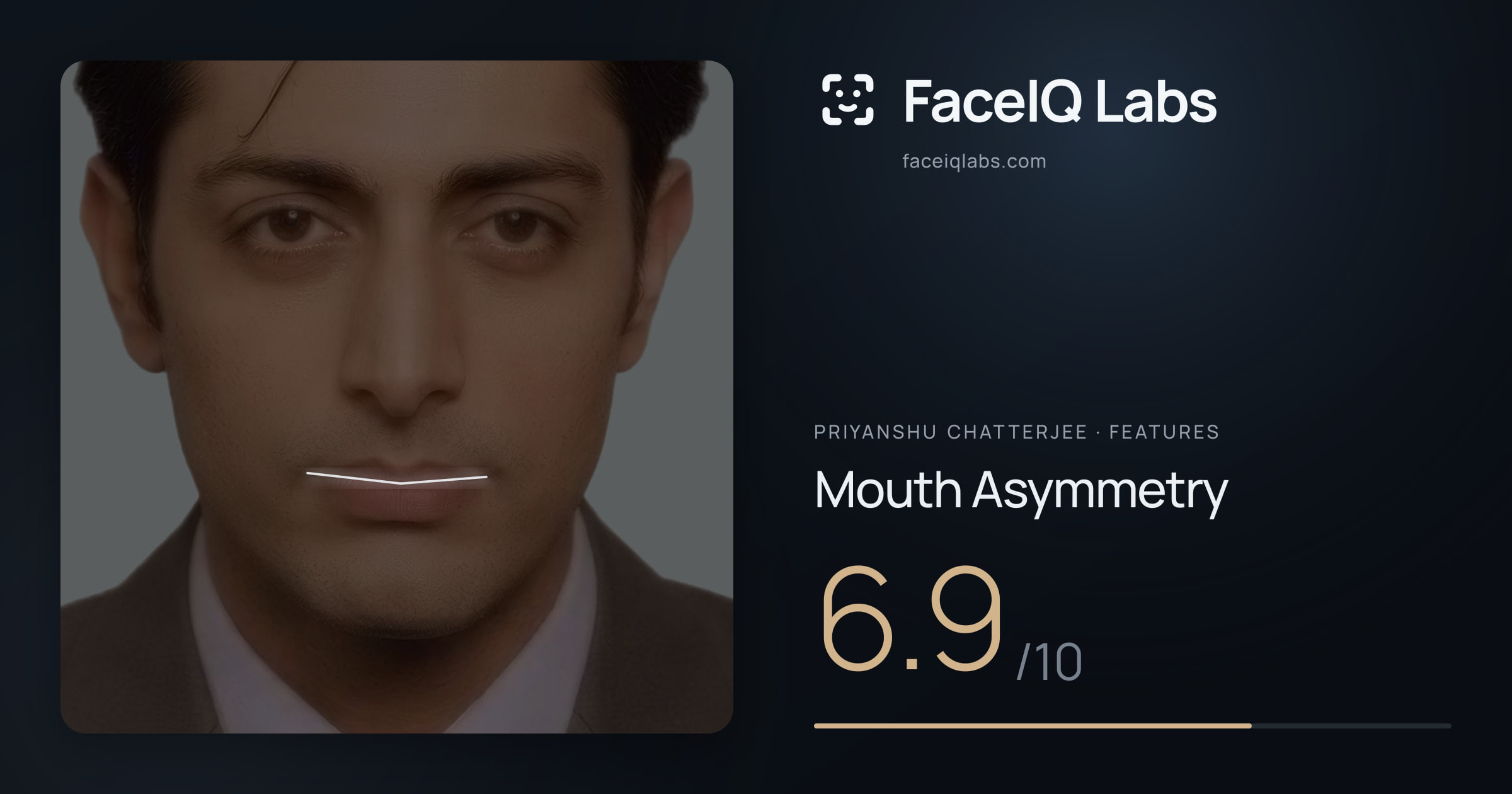 Priyanshu Chatterjee Mouth Asymmetry: 6.9/10, drawn on the photo