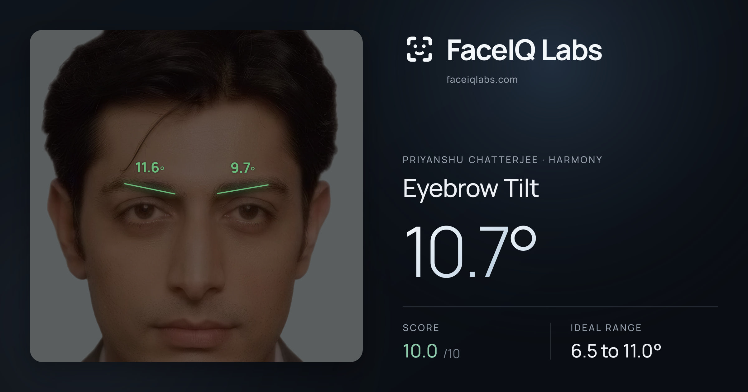 Priyanshu Chatterjee Eyebrow Tilt: 10.7°, drawn on the photo