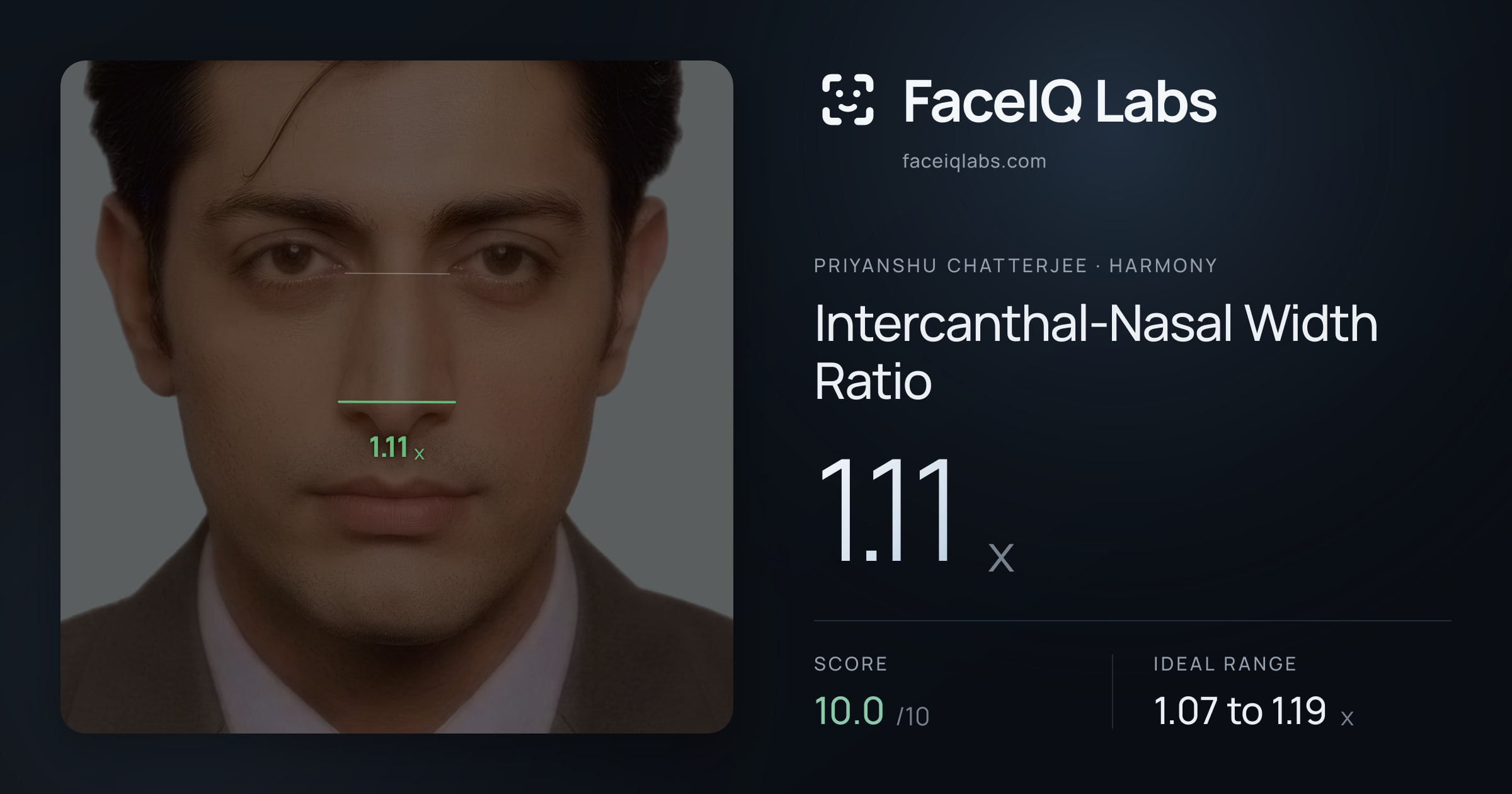 Priyanshu Chatterjee Intercanthal-Nasal Width Ratio: 1.11x, drawn on the photo