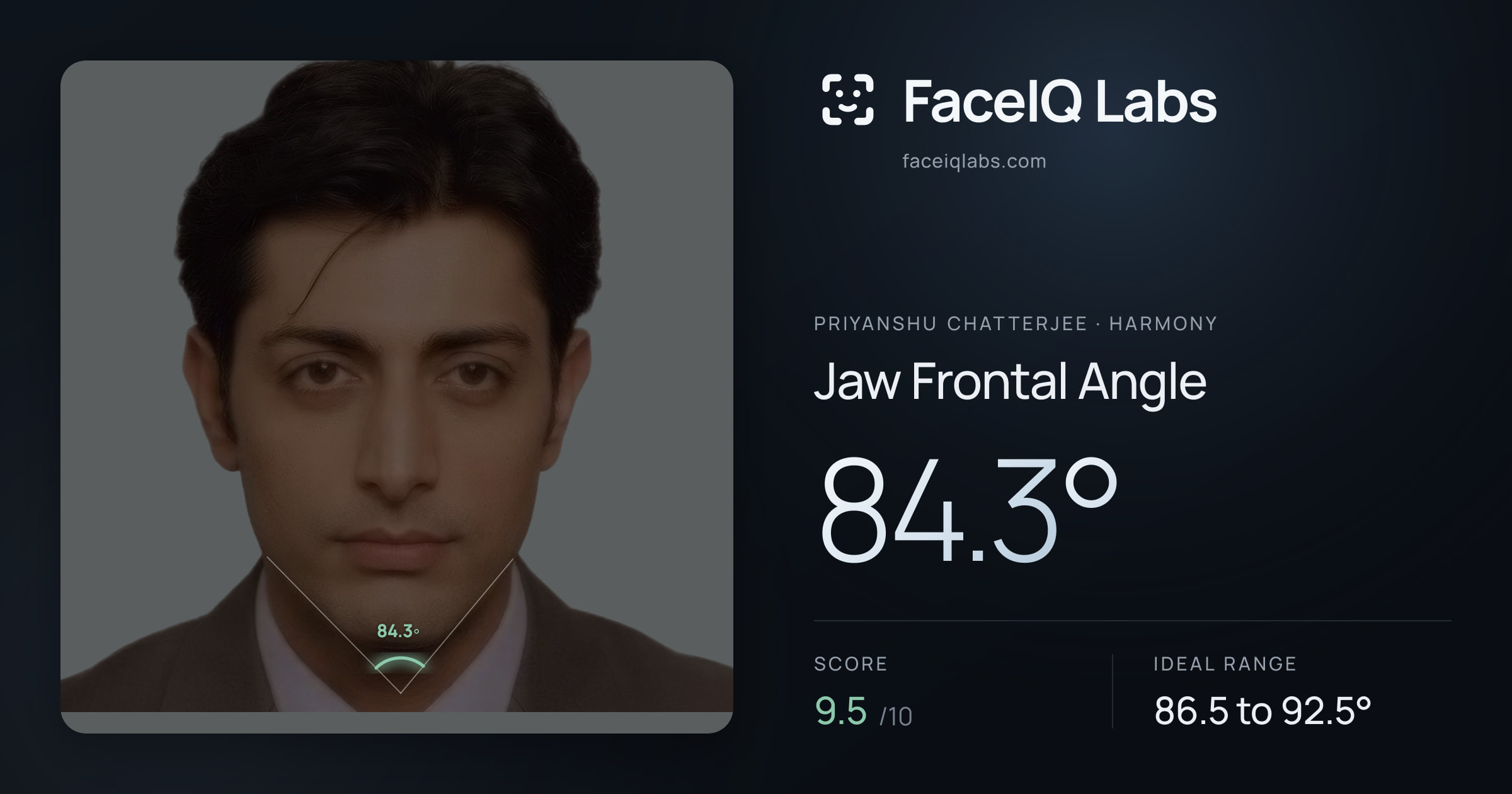 Priyanshu Chatterjee Jaw Frontal Angle: 84.3°, drawn on the photo