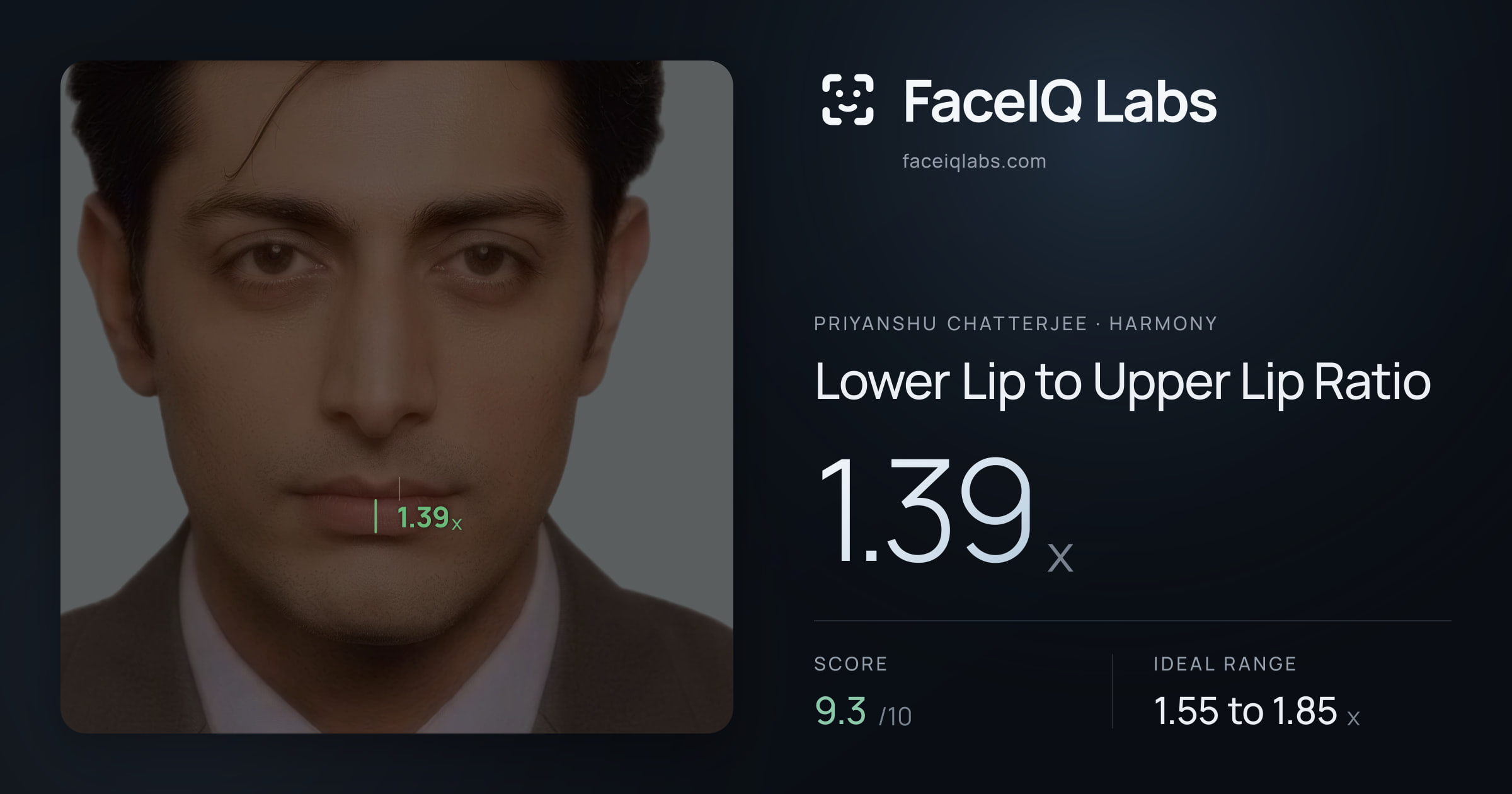 Priyanshu Chatterjee Lower Lip to Upper Lip Ratio: 1.39x, drawn on the photo