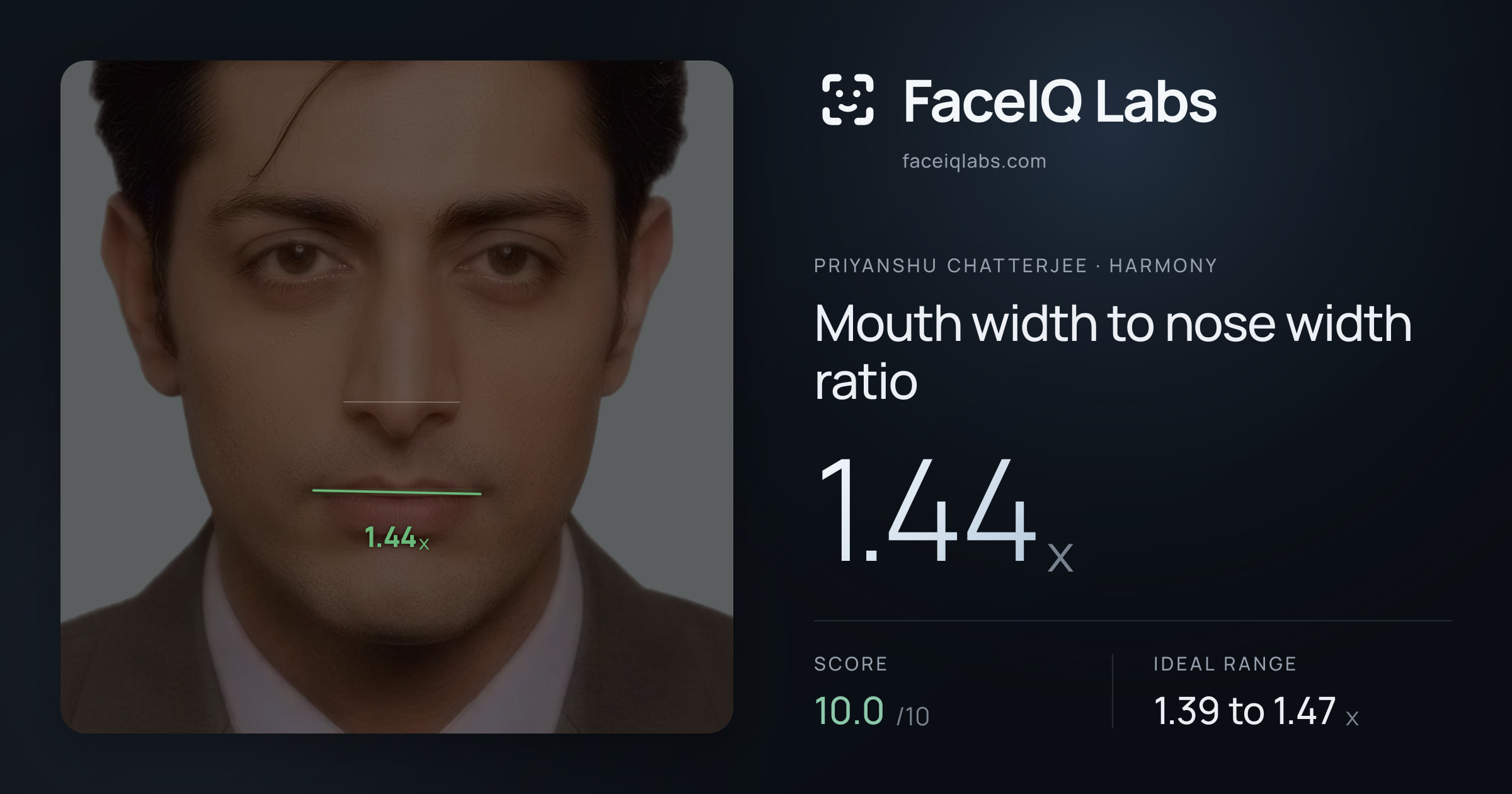 Priyanshu Chatterjee Mouth width to nose width ratio: 1.44x, drawn on the photo