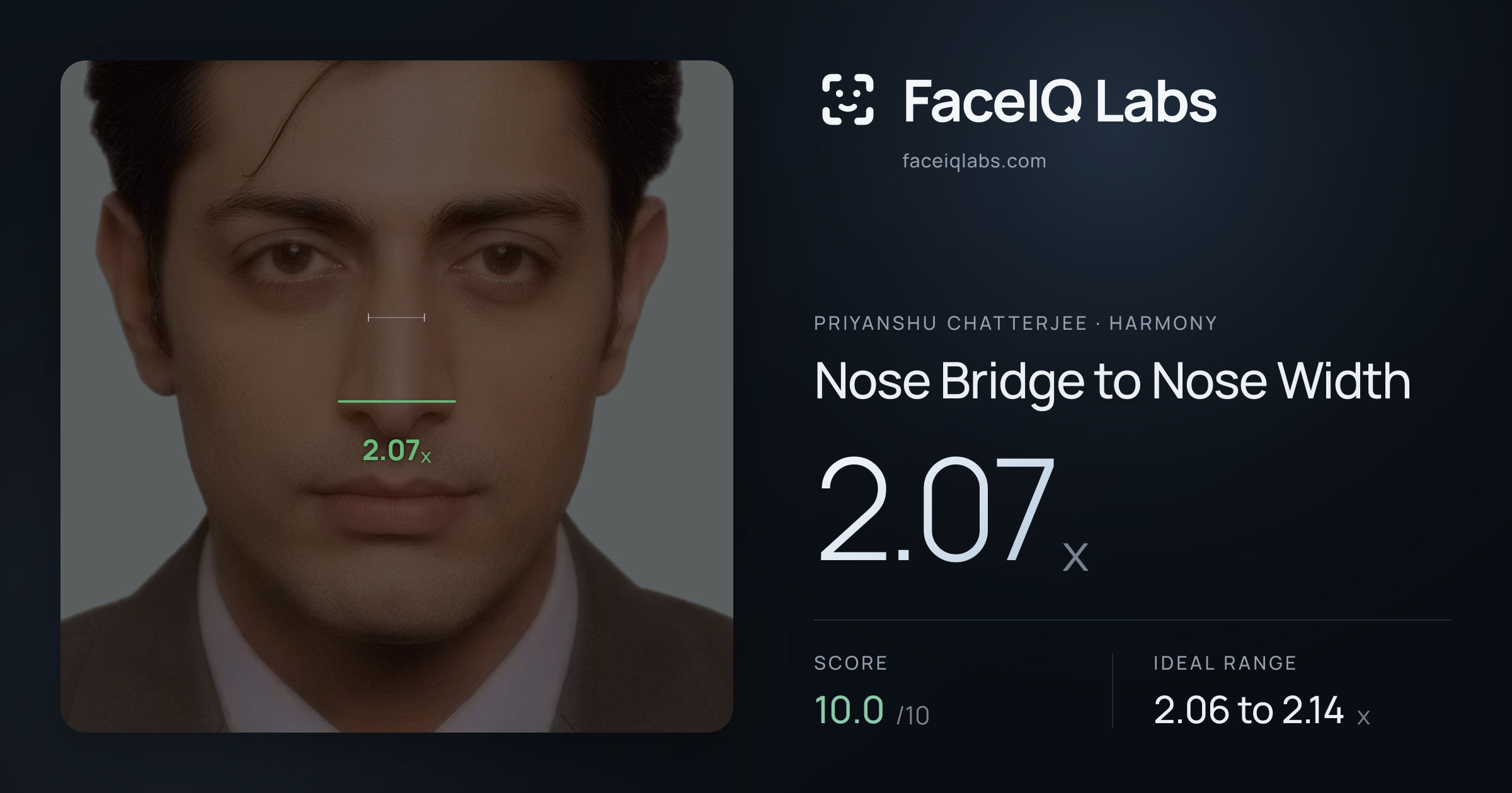 Priyanshu Chatterjee Nose Bridge to Nose Width: 2.07x, drawn on the photo