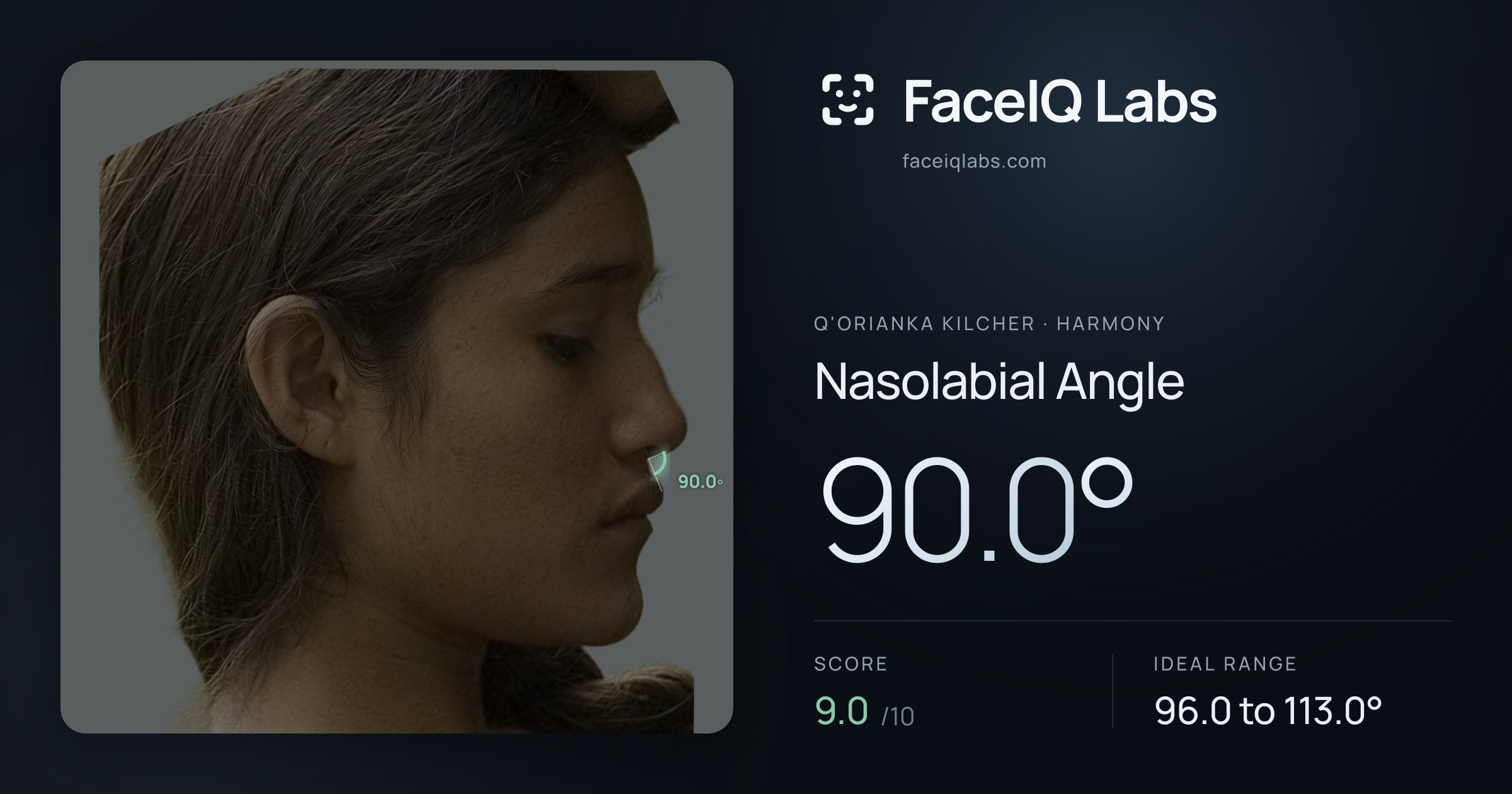 Q'orianka Kilcher Nasolabial Angle: 90.0°, drawn on the photo
