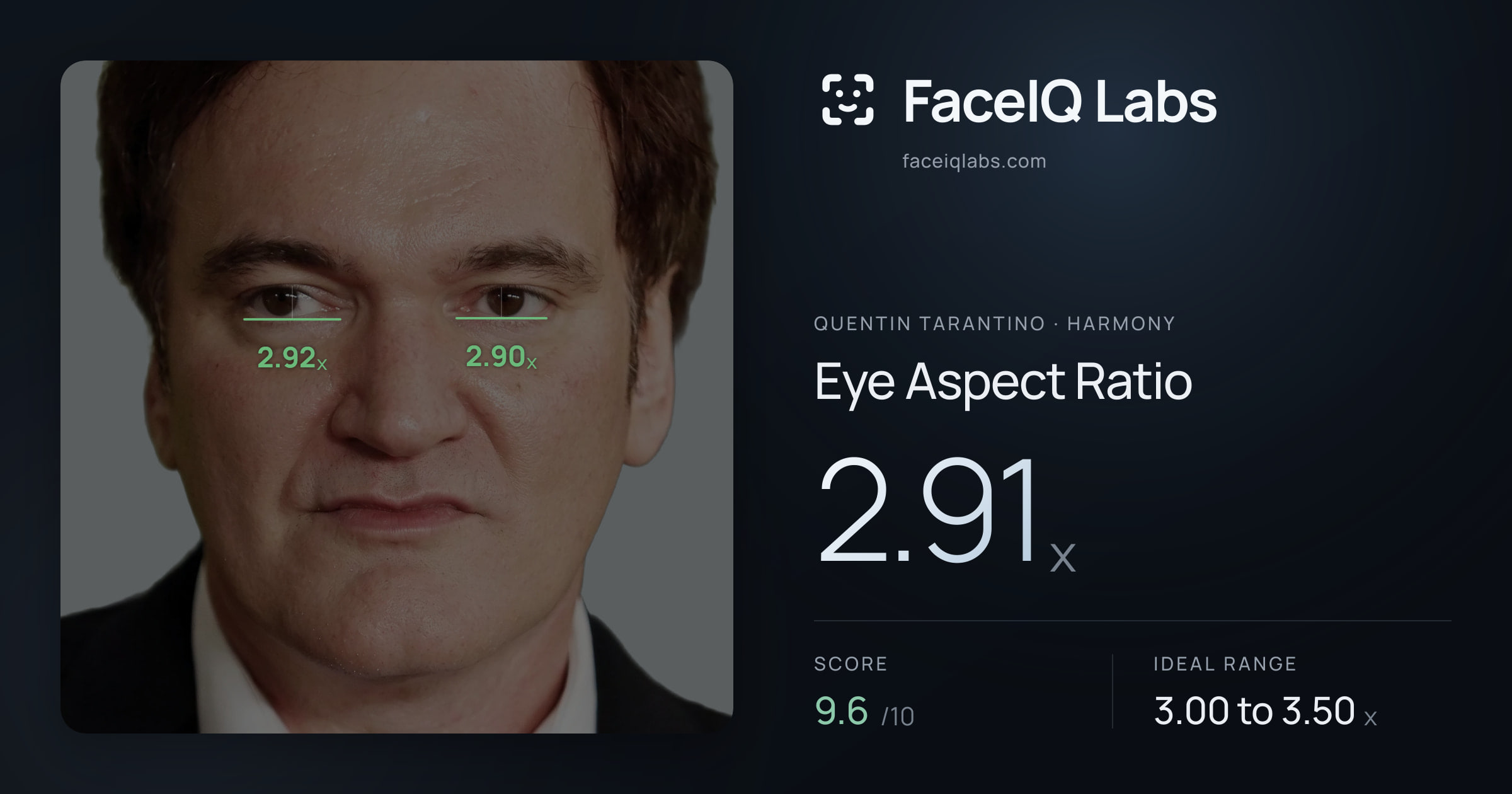 Quentin Tarantino Eye Aspect Ratio: 2.91x, drawn on the photo