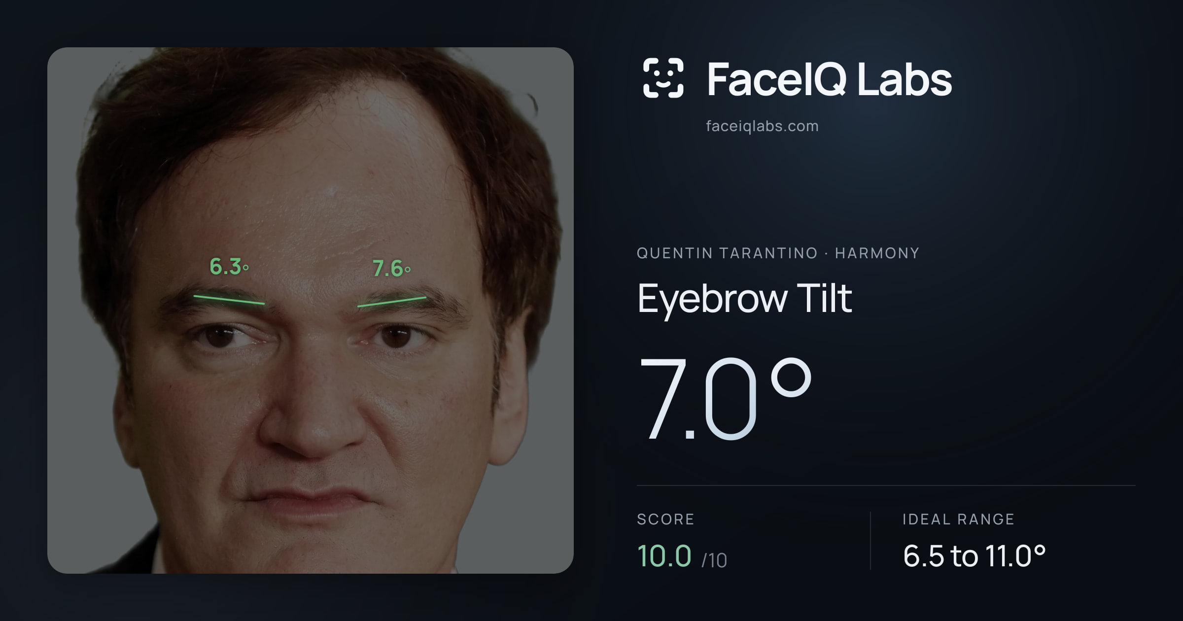 Quentin Tarantino Eyebrow Tilt: 7.0°, drawn on the photo