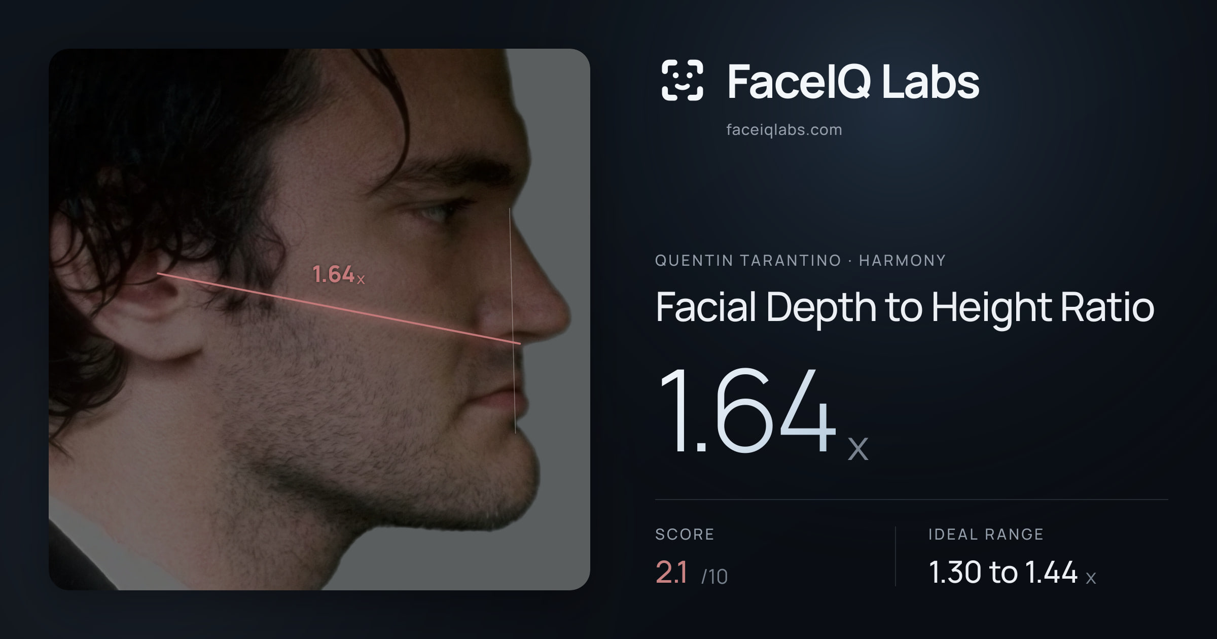 Quentin Tarantino Facial Depth to Height Ratio: 1.64x, drawn on the photo