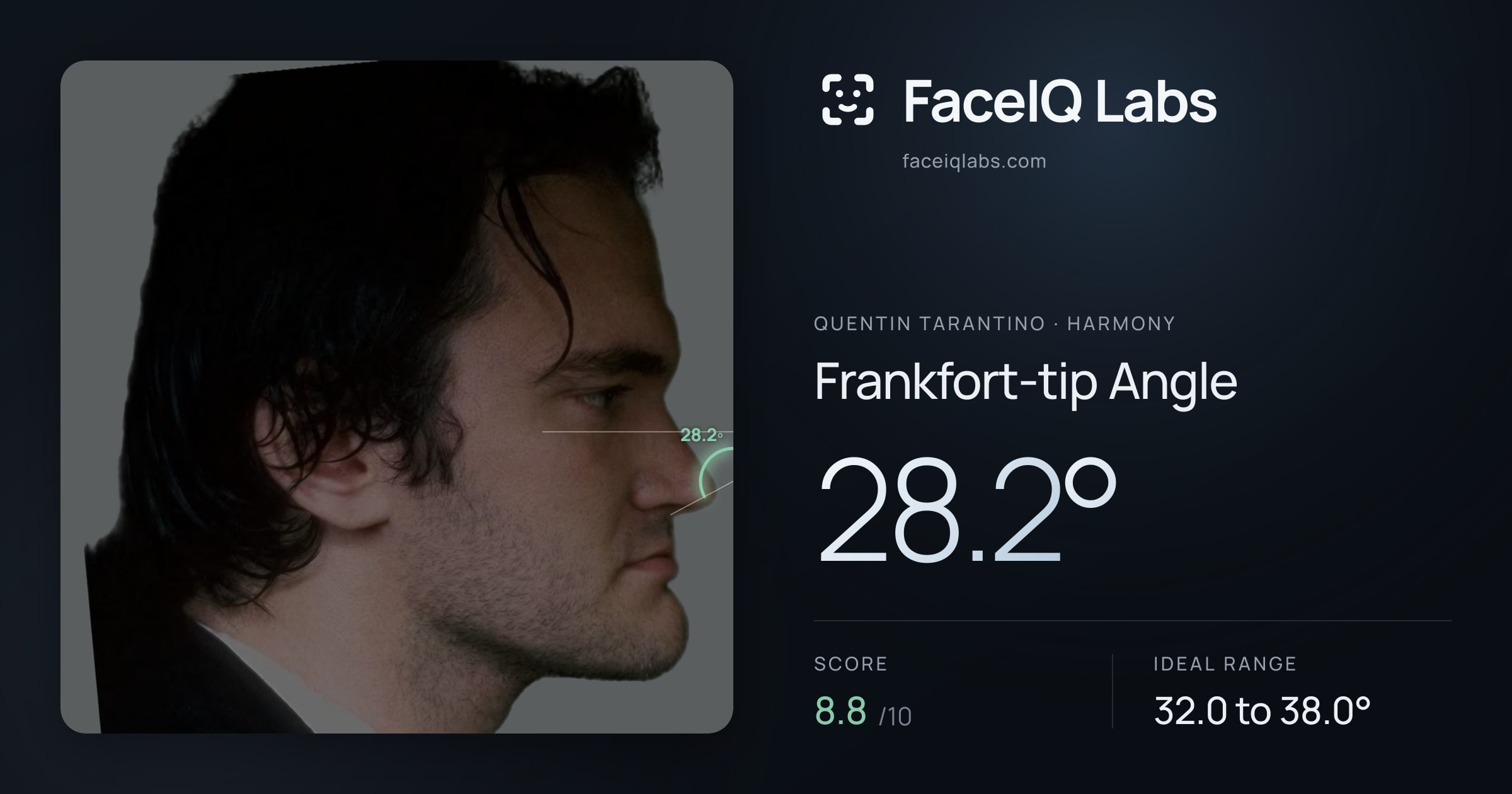 Quentin Tarantino Frankfort-tip Angle: 28.2°, drawn on the photo