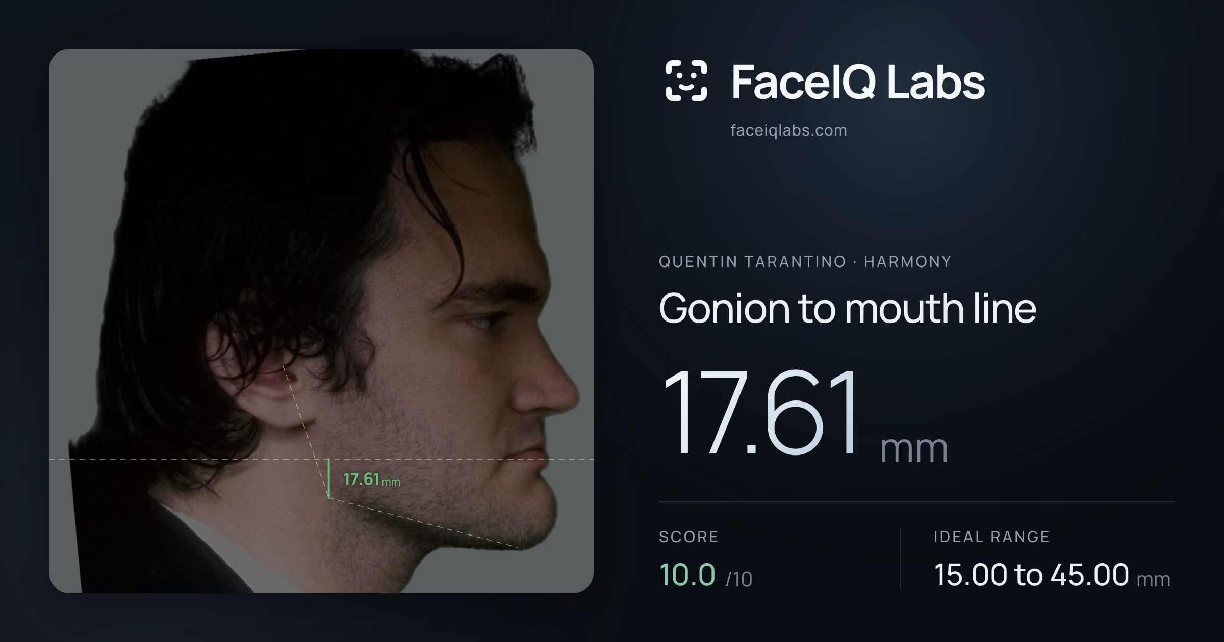 Quentin Tarantino Gonion to mouth line: 17.61mm, drawn on the photo