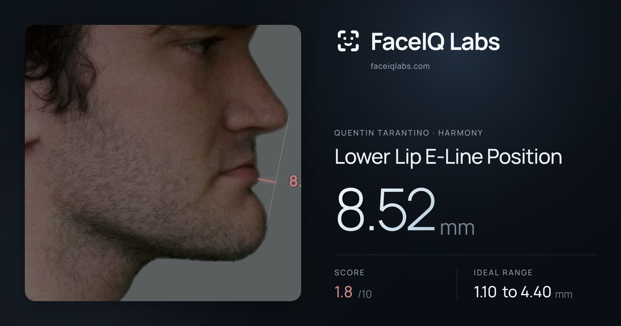Quentin Tarantino Lower Lip E-Line Position: 8.52mm, drawn on the photo