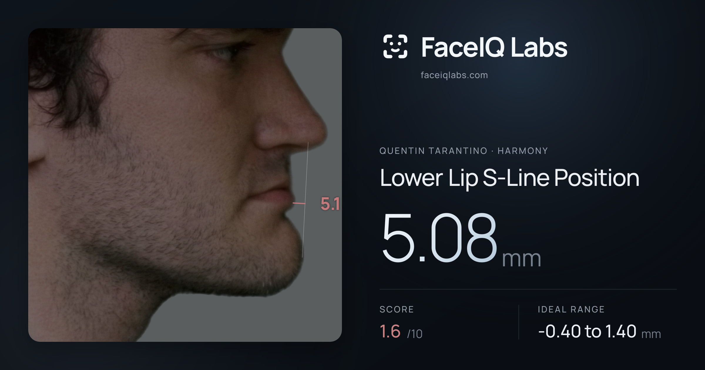 Quentin Tarantino Lower Lip S-Line Position: 5.08mm, drawn on the photo