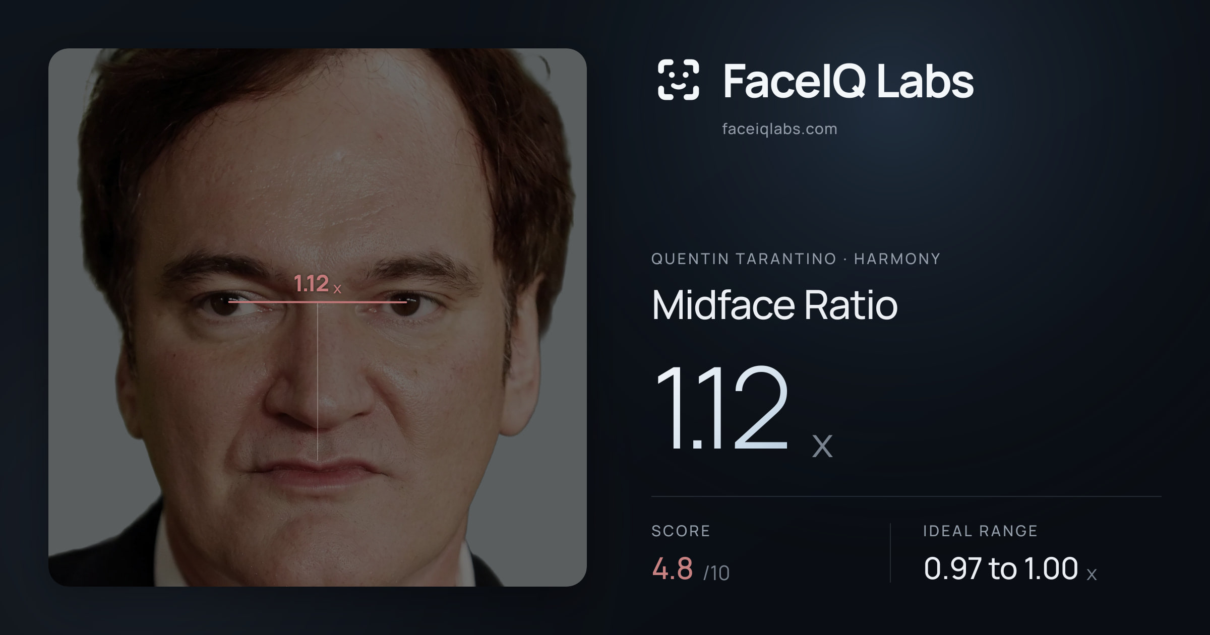 Quentin Tarantino Midface Ratio: 1.12x, drawn on the photo