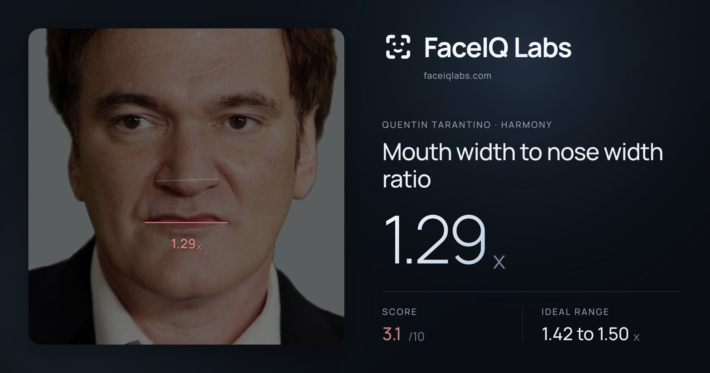 Quentin Tarantino Mouth width to nose width ratio: 1.29x, drawn on the photo