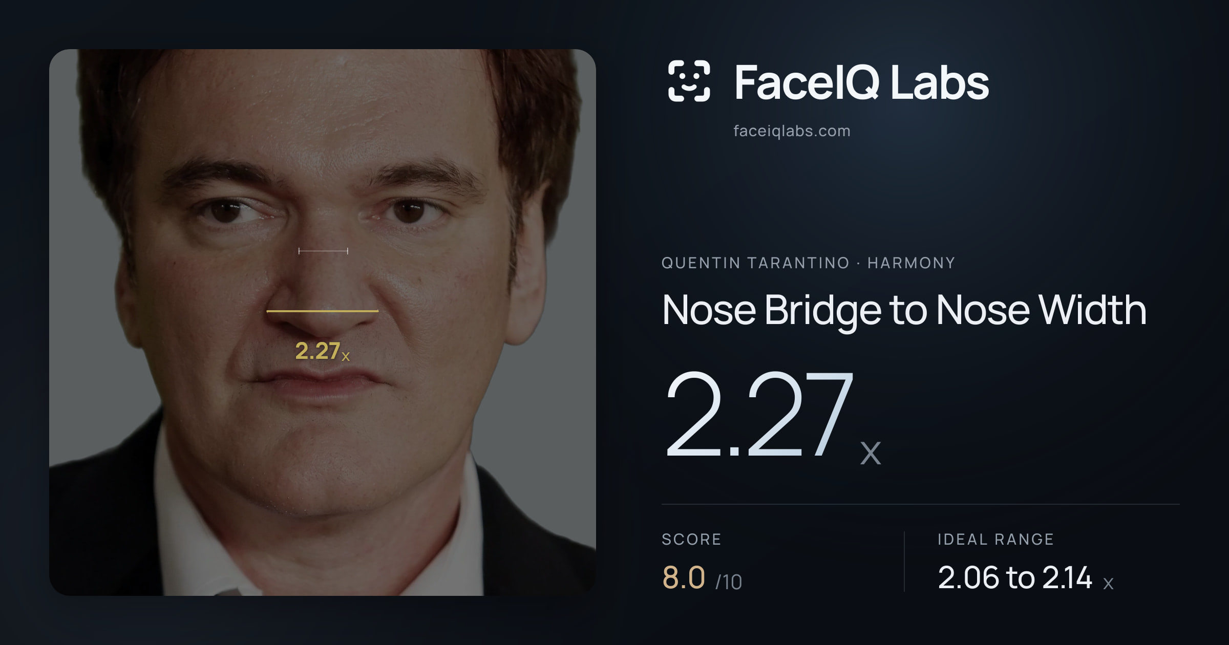 Quentin Tarantino Nose Bridge to Nose Width: 2.27x, drawn on the photo
