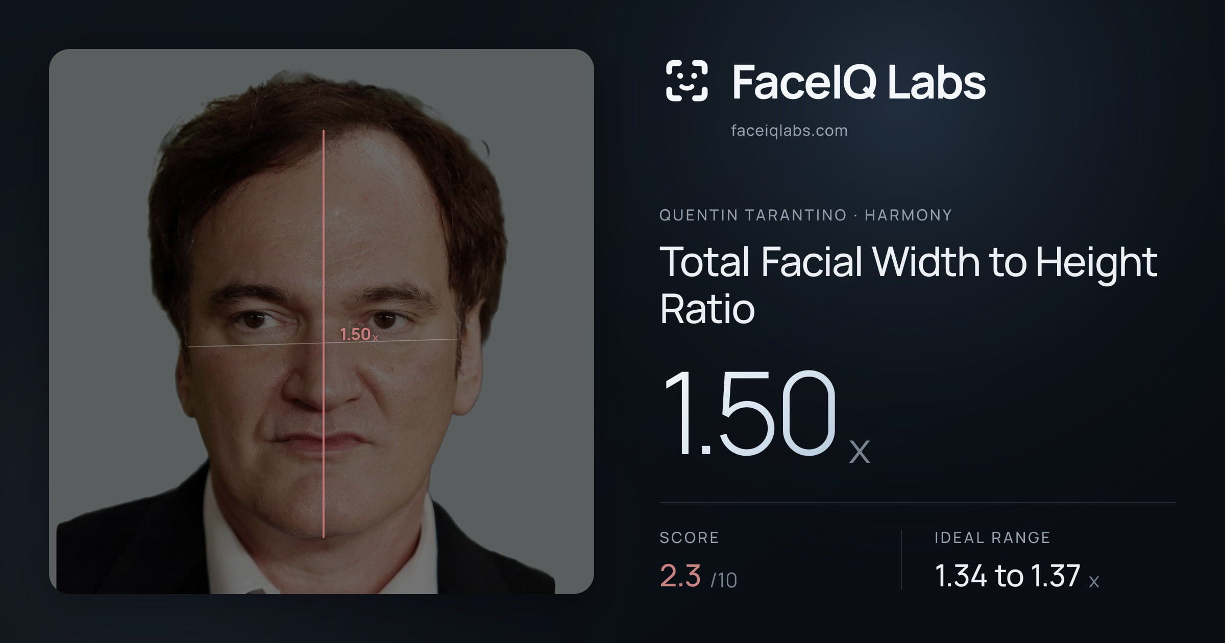 Quentin Tarantino Total Facial Width to Height Ratio: 1.50x, drawn on the photo