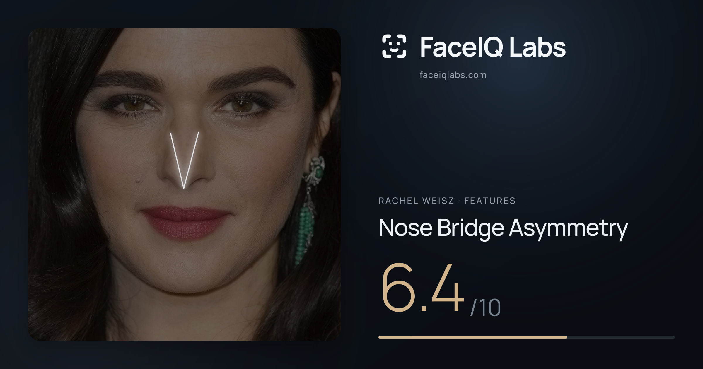 Rachel Weisz Nose Bridge Asymmetry: 6.4/10, drawn on the photo