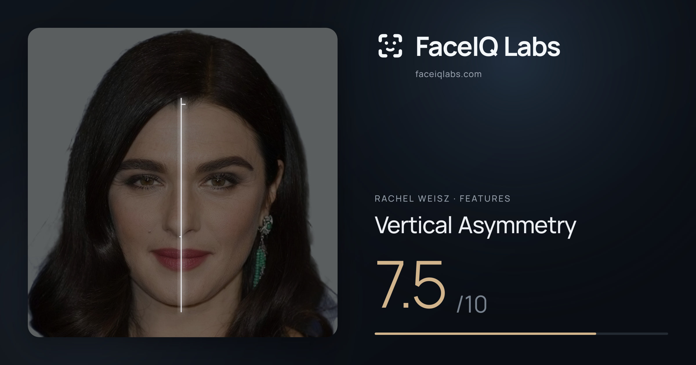 Rachel Weisz Vertical Asymmetry: 7.5/10, drawn on the photo