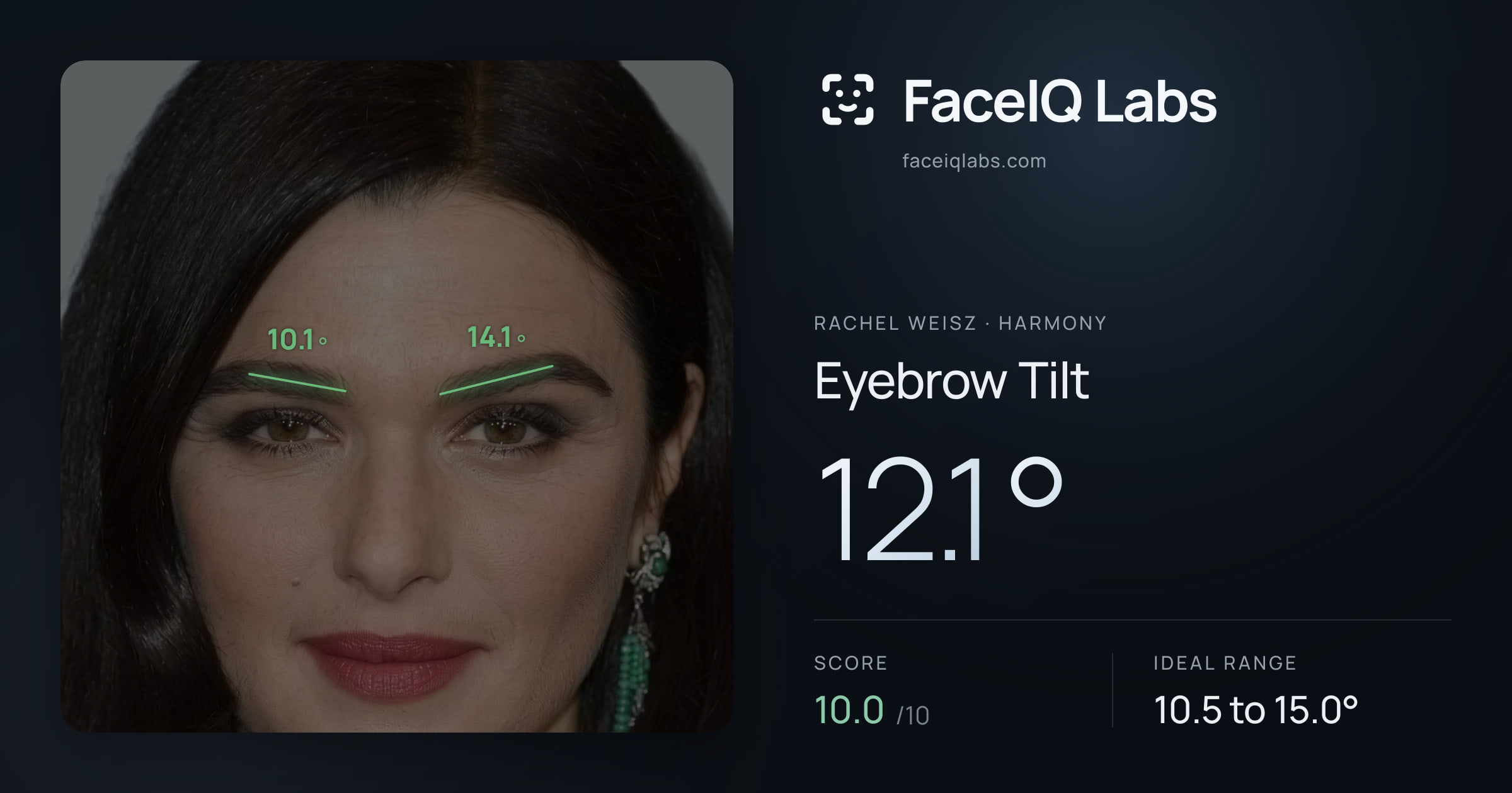 Rachel Weisz Eyebrow Tilt: 12.1°, drawn on the photo
