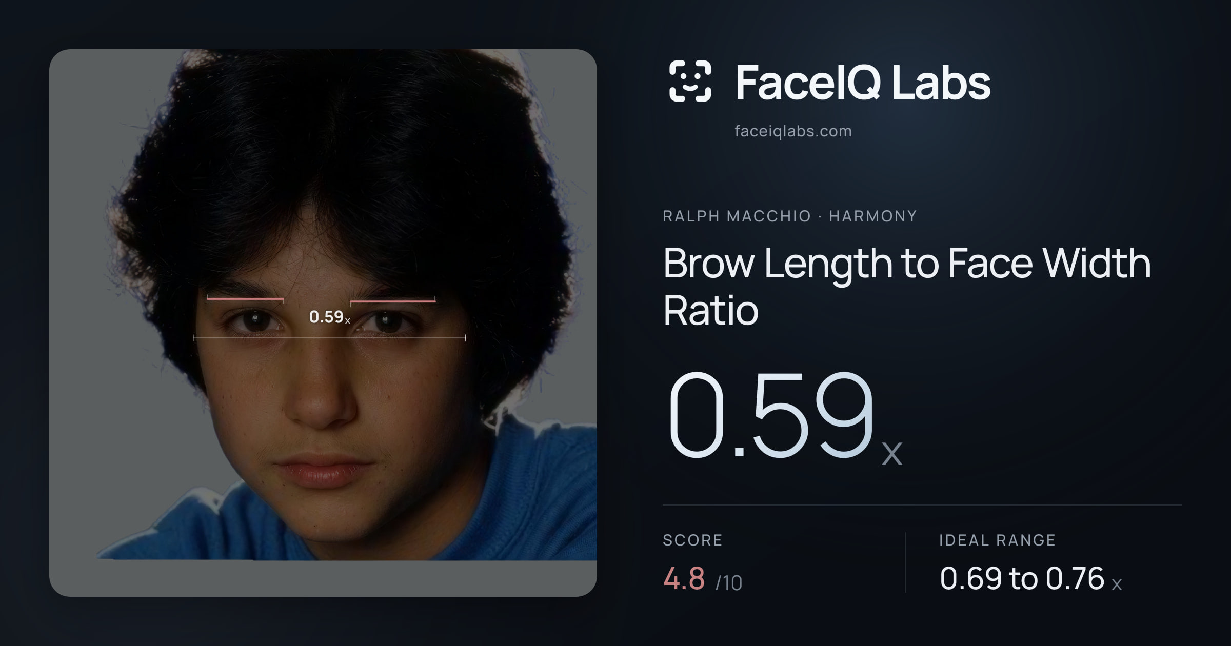 Ralph Macchio Brow Length to Face Width Ratio: 0.59x, drawn on the photo