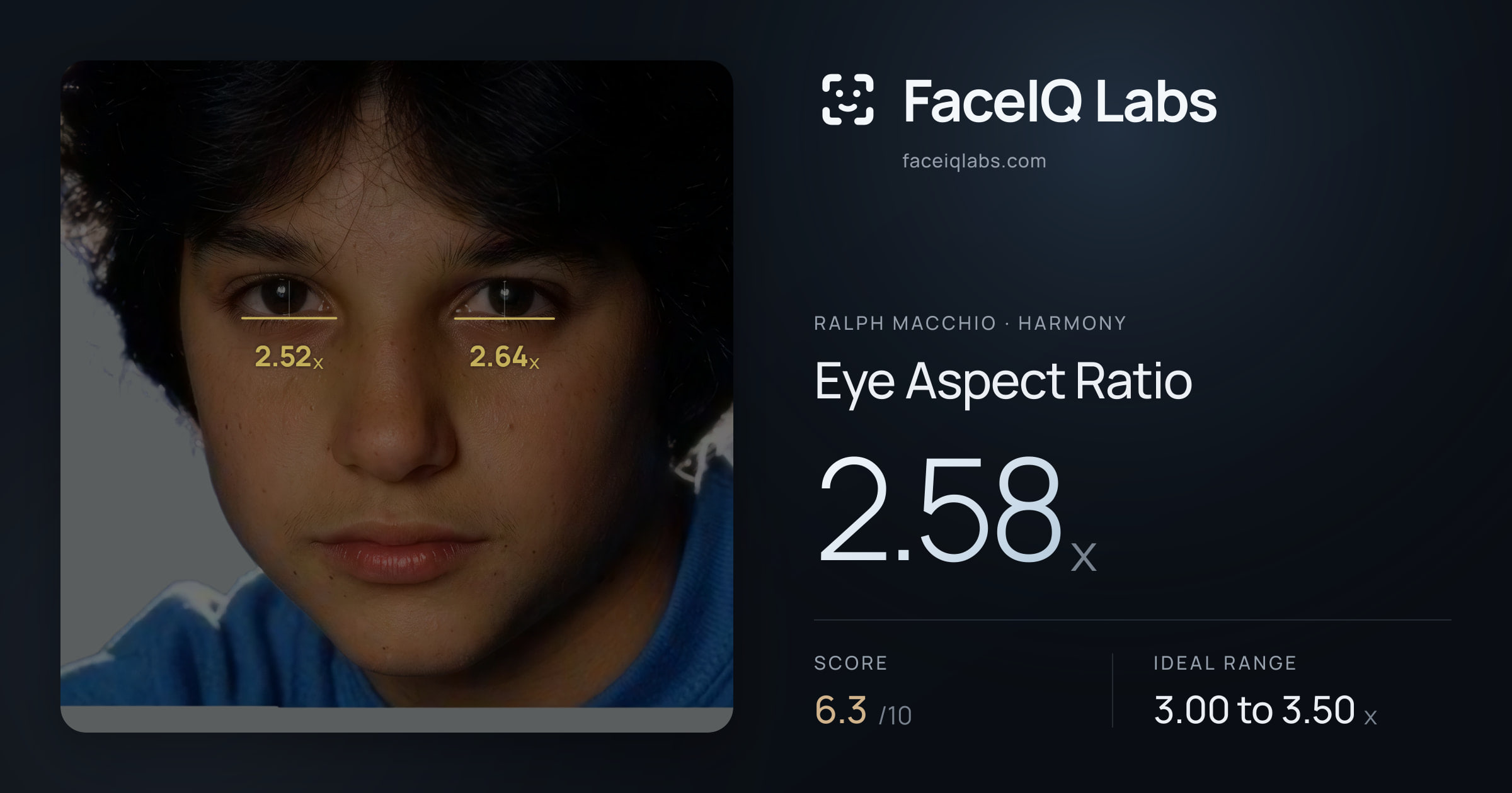 Ralph Macchio Eye Aspect Ratio: 2.58x, drawn on the photo