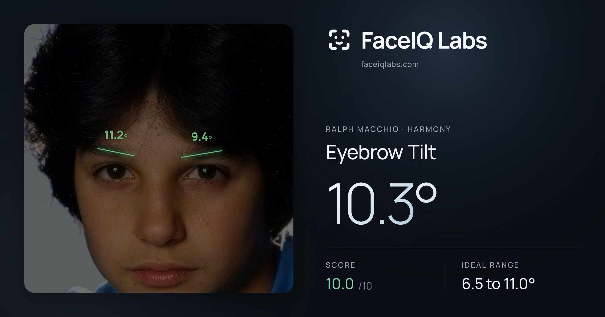 Ralph Macchio Eyebrow Tilt: 10.3°, drawn on the photo