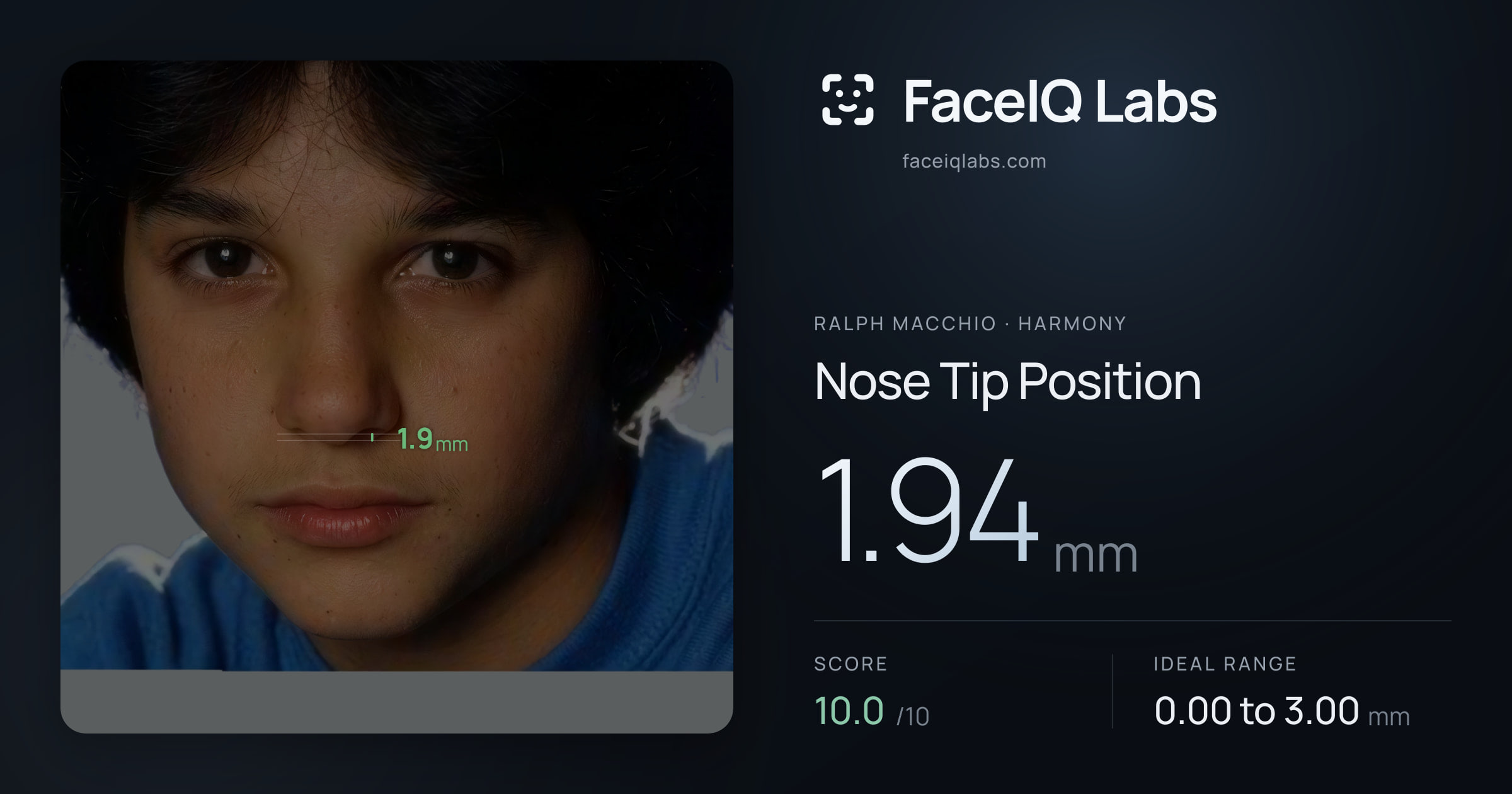 Ralph Macchio Nose Tip Position: 1.94mm, drawn on the photo
