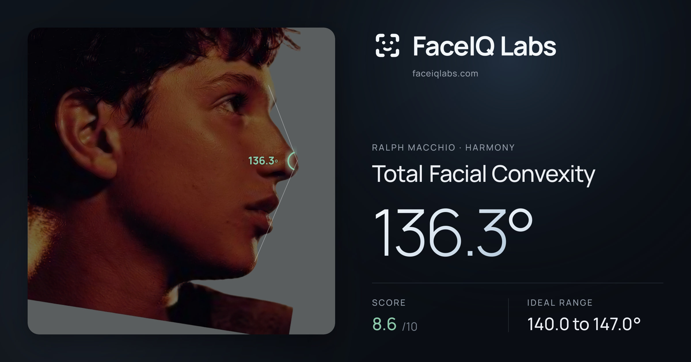 Ralph Macchio Total Facial Convexity: 136.3°, drawn on the photo