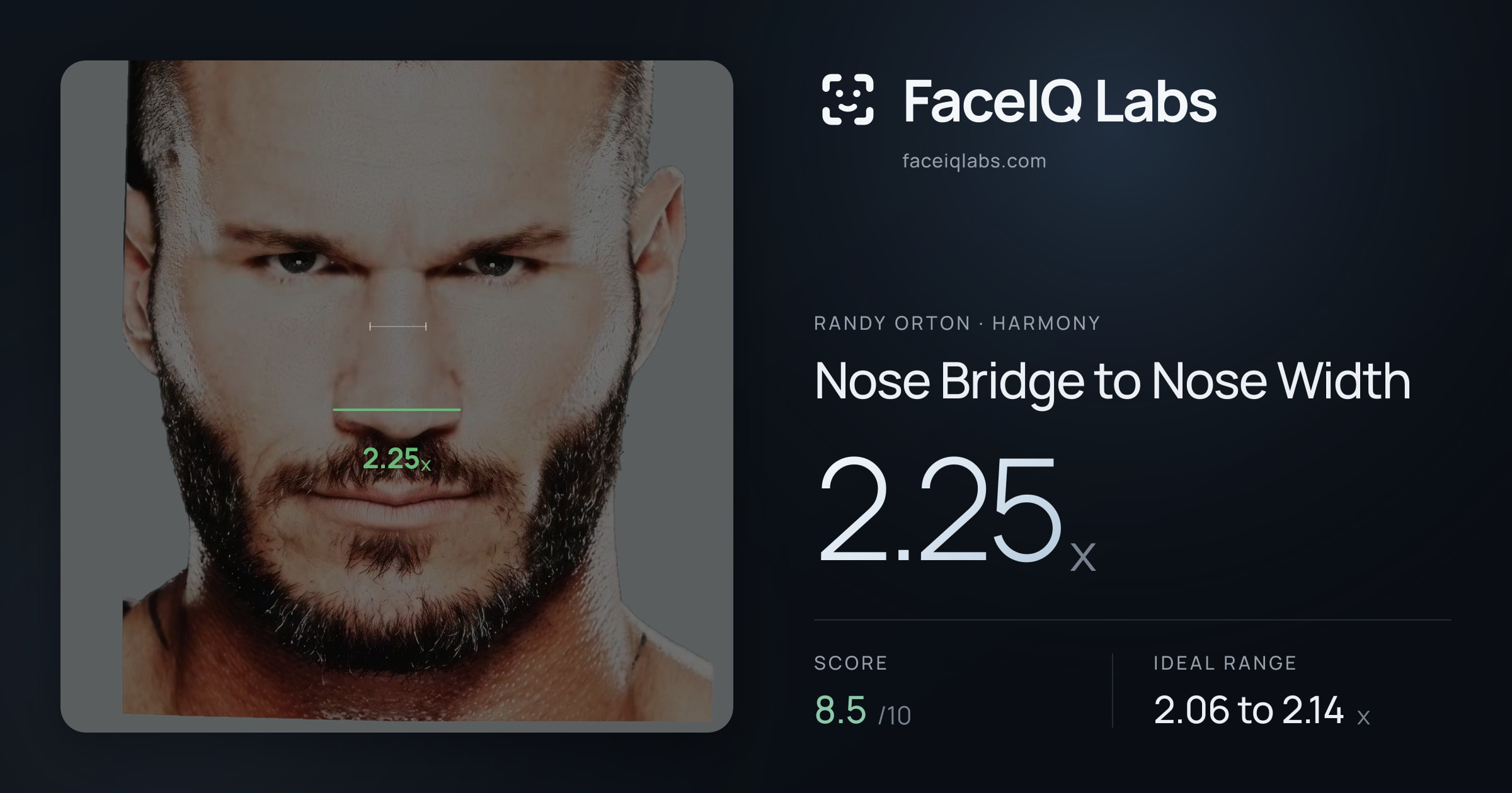 Randy Orton Nose Bridge to Nose Width: 2.25x, drawn on the photo