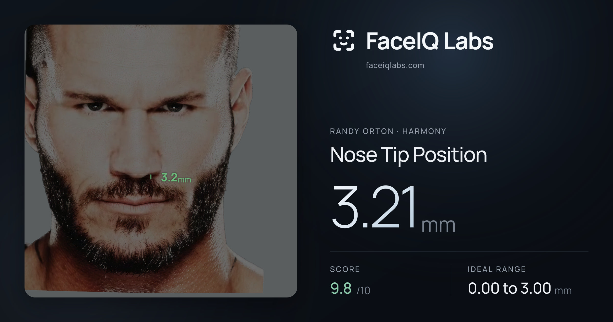Randy Orton Nose Tip Position: 3.21mm, drawn on the photo
