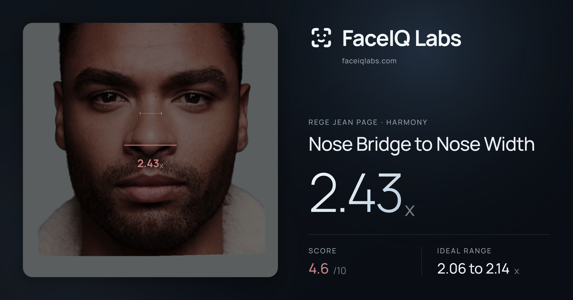Rege Jean Page Nose Bridge to Nose Width: 2.43x, drawn on the photo